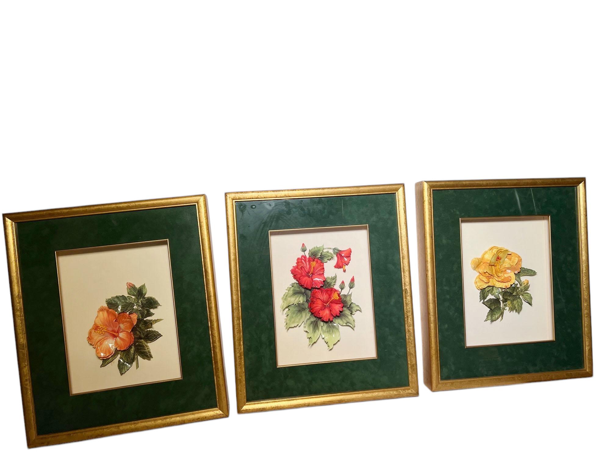 Paint Continental Shadowbox Framed Raised Flowers - Set Of Three For Sale