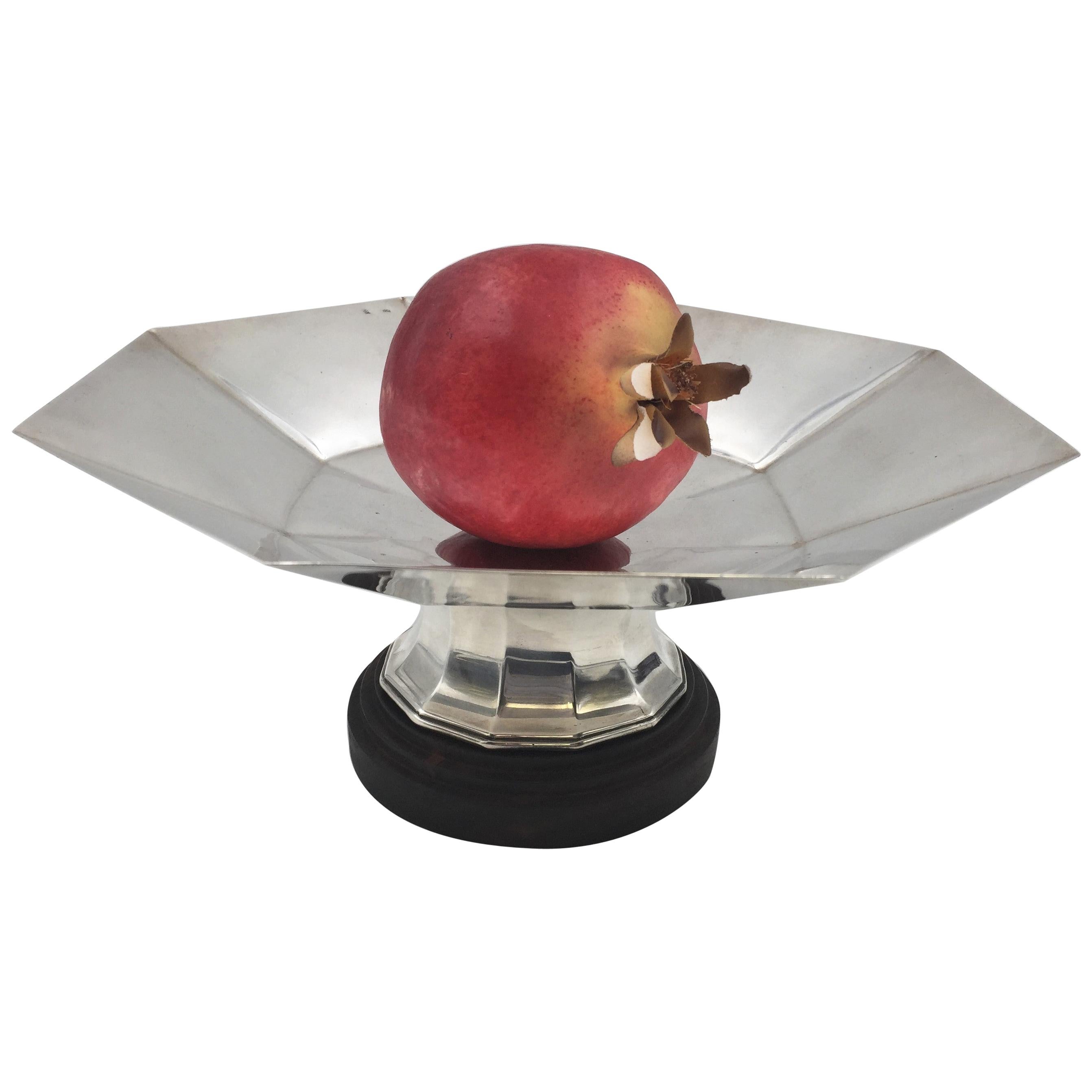 Continental Silver and Wood Centerpiece Stand Bowl in Mid-Century Modern Style