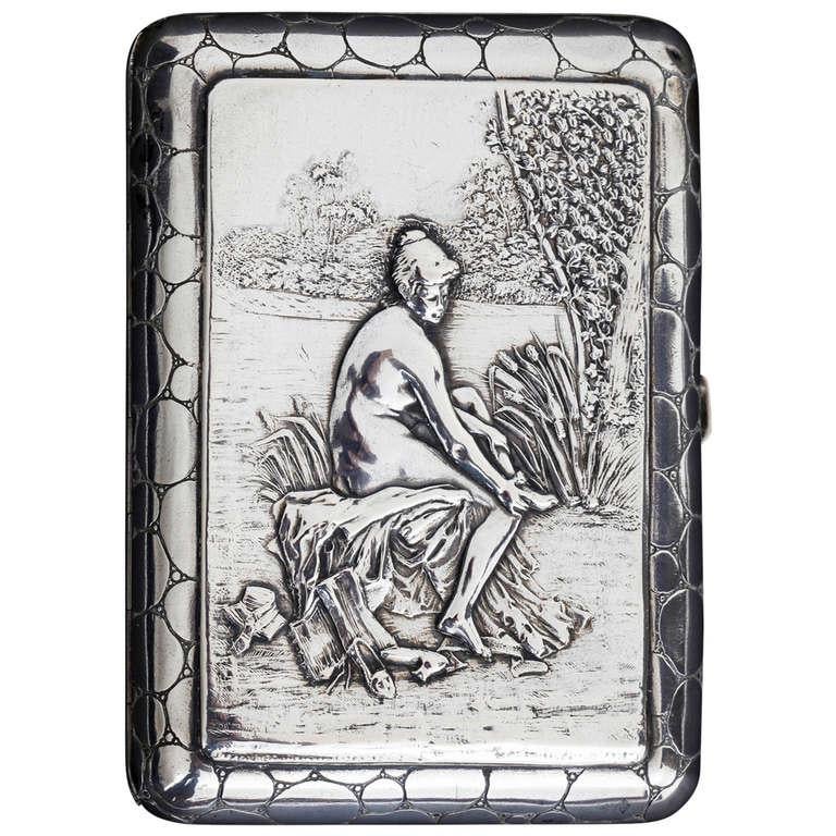 European Continental Silver Cigarette Case with Female Nude