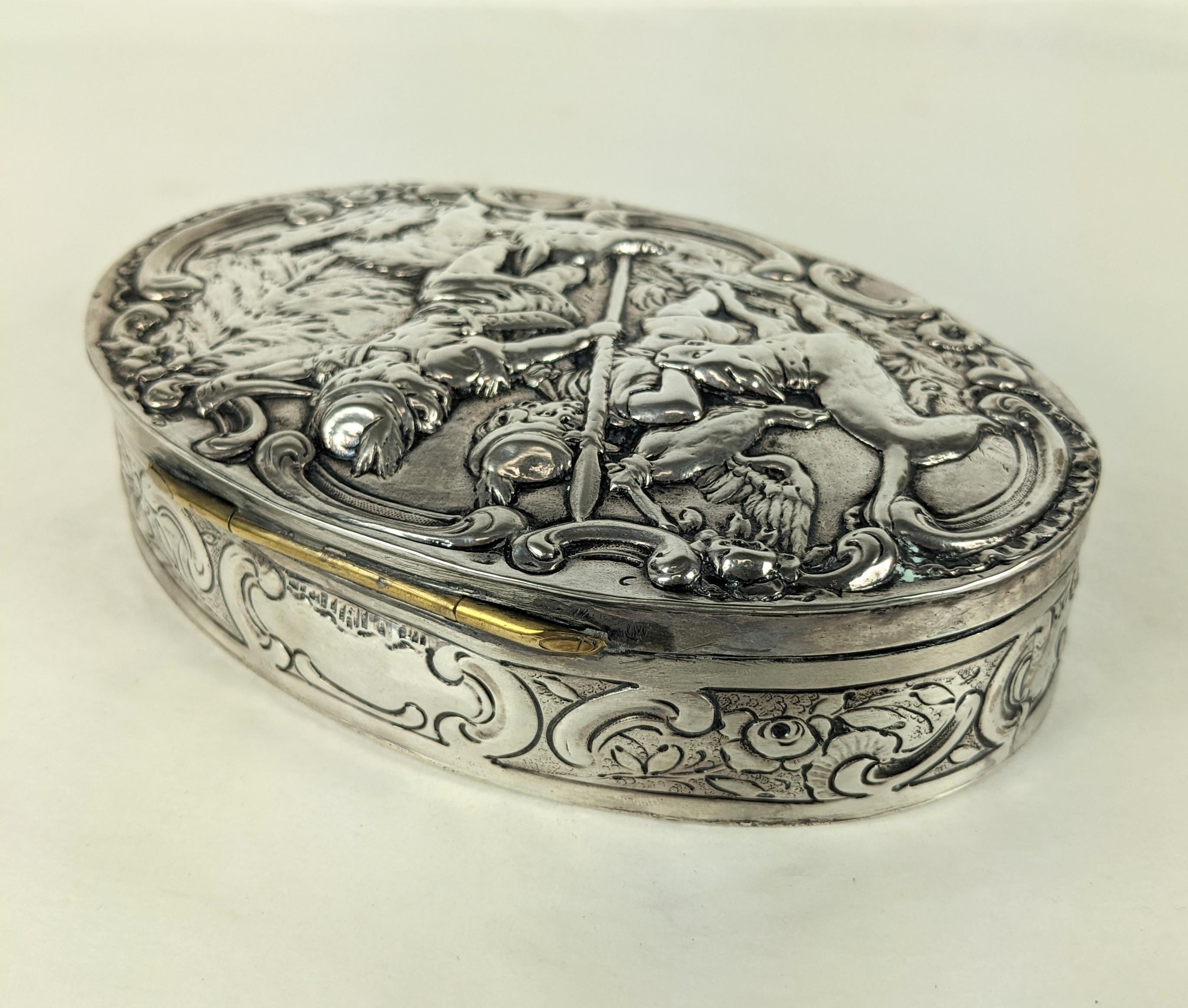 Continental Silver Hunt Scene Repousse Box In Good Condition For Sale In Riverdale, NY