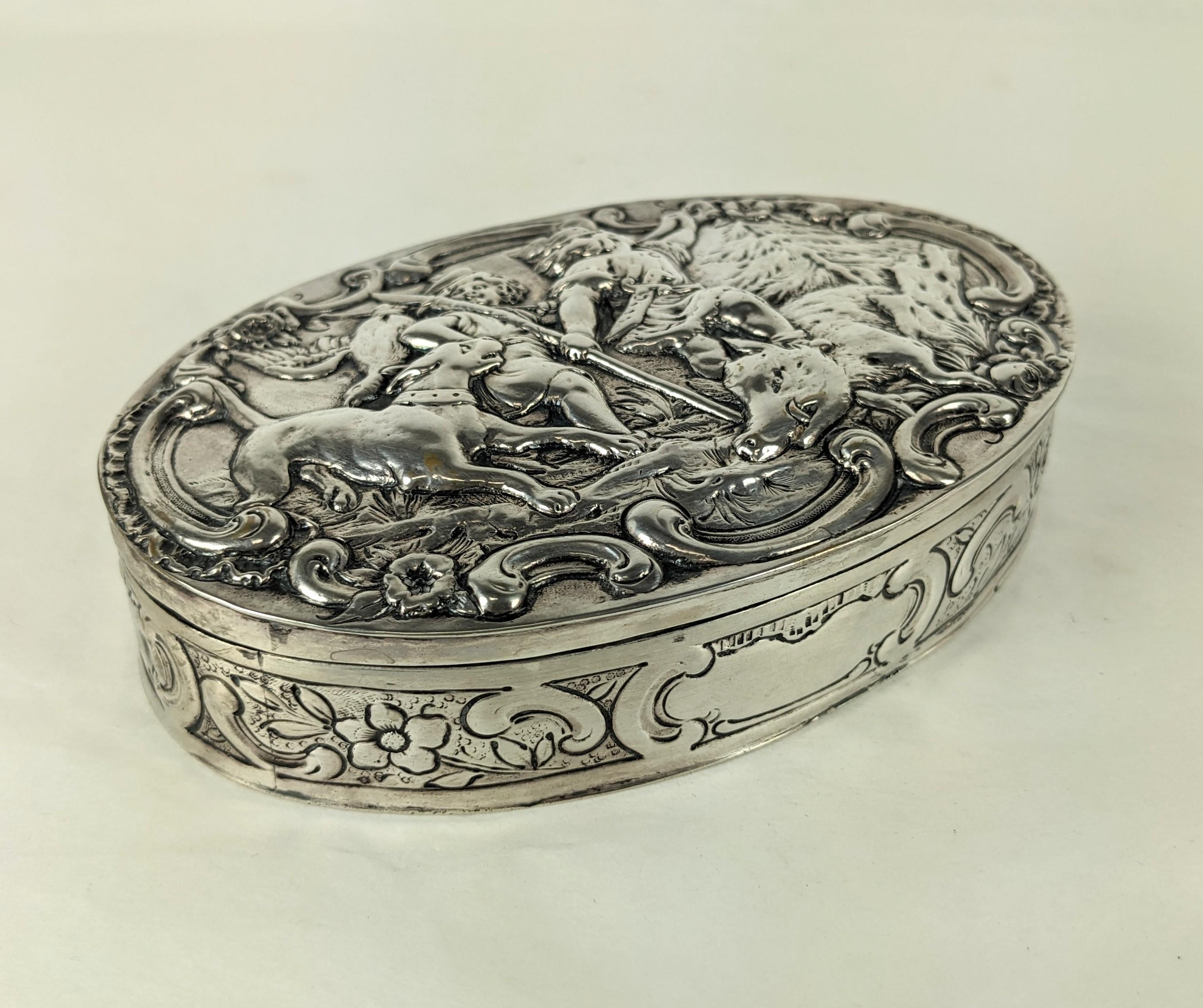 Women's or Men's Continental Silver Hunt Scene Repousse Box For Sale