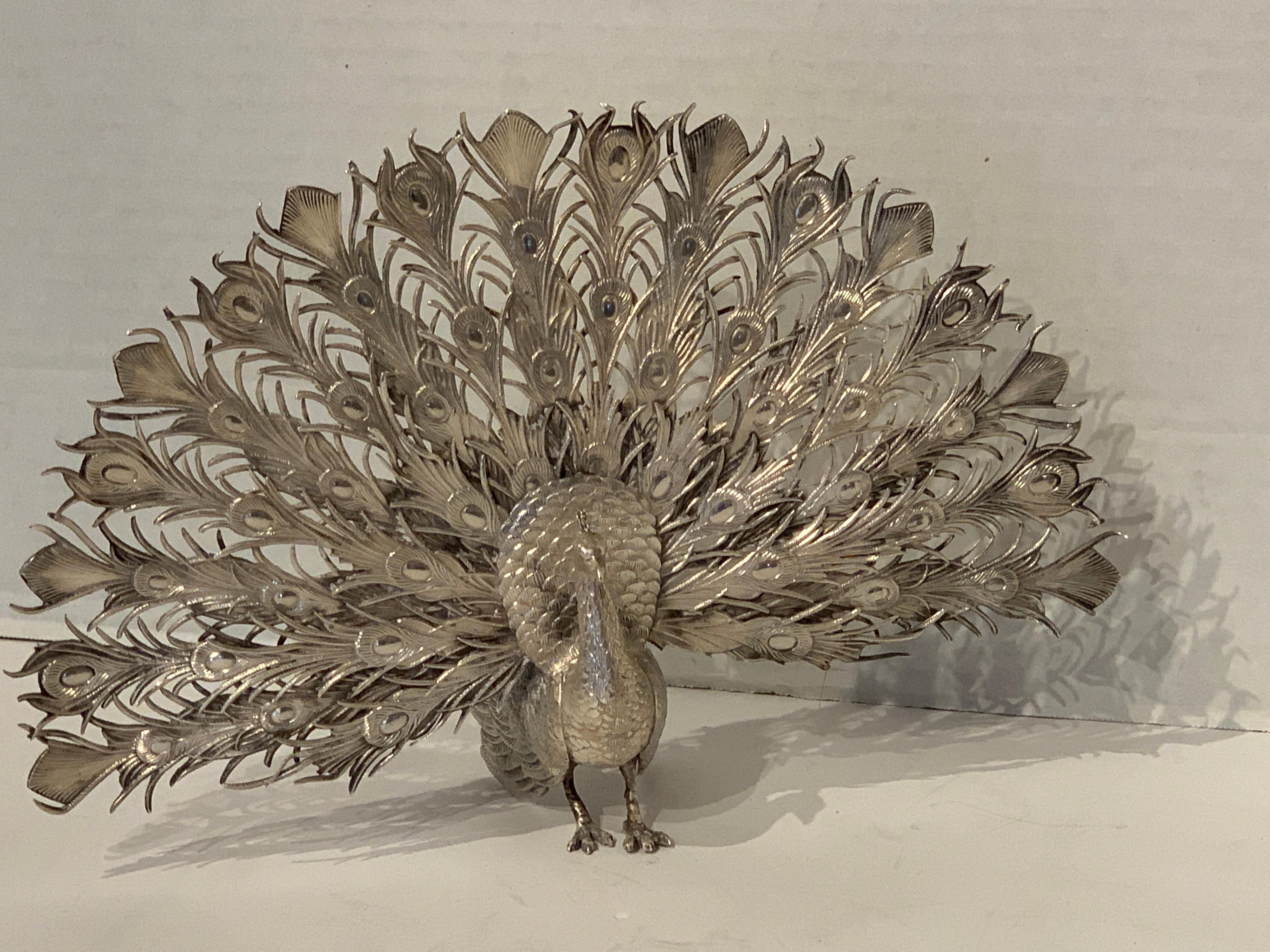 Art Nouveau Continental Silver Model of a Peacock