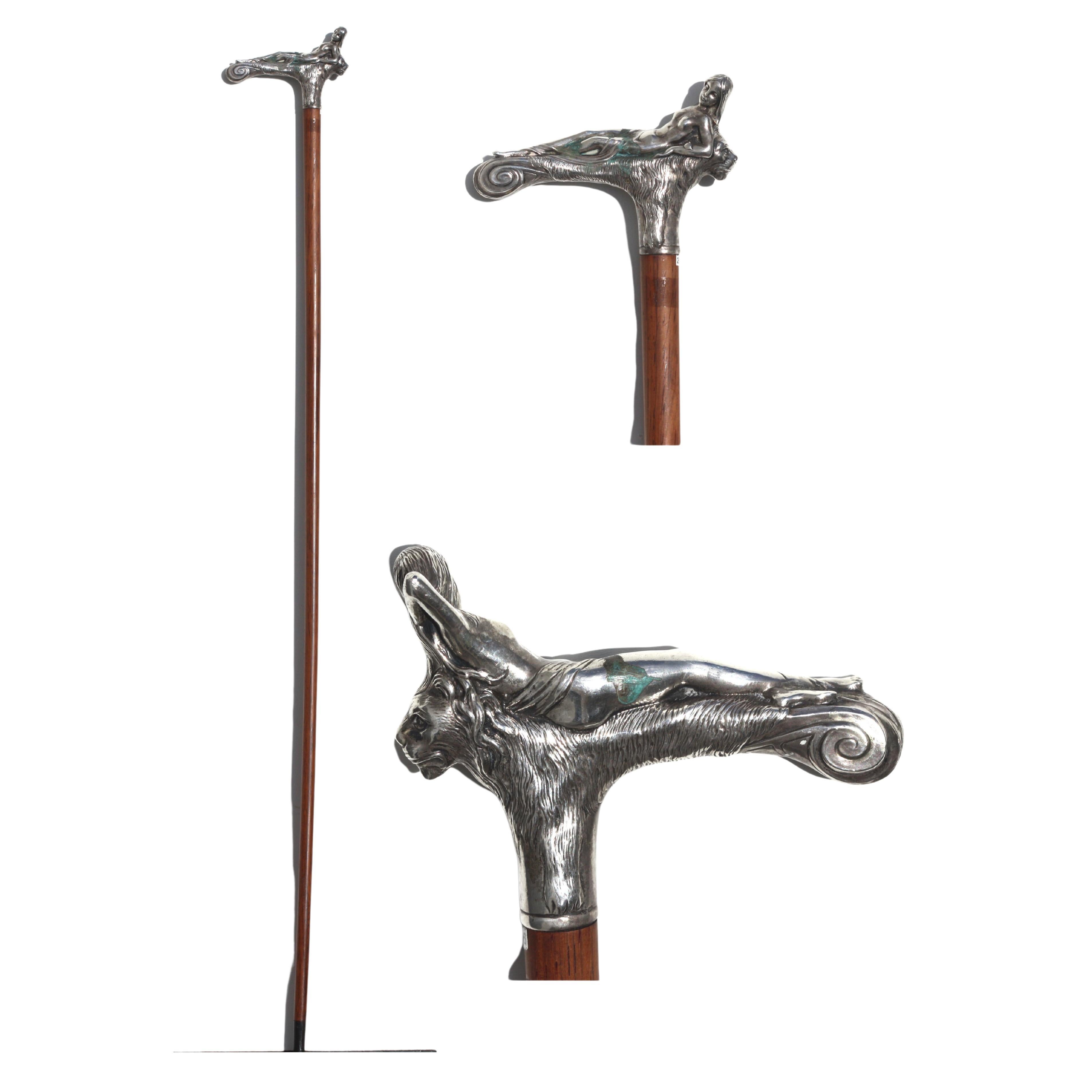 Continental Silver Mounted Rosewood Gentlemens Walking Stick For Sale