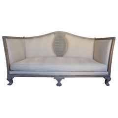 Continental Sofa, Hand Carved Oak, circa 1920s, Upholstered in Linen