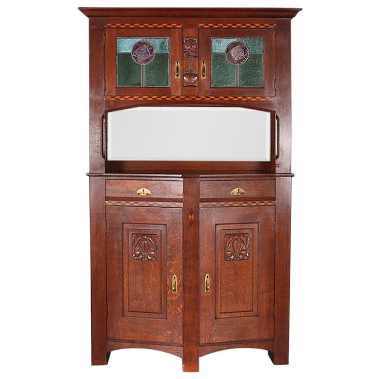 Continental Solid Oak Arts & Crafts Period Buffet with Stained Glass