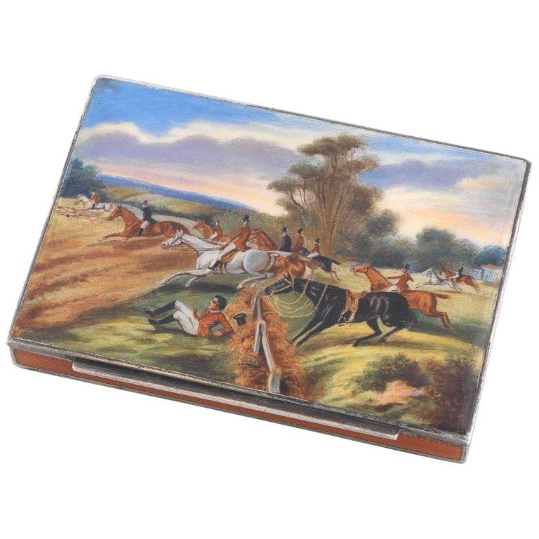 Art Nouveau Continental Sterling Cigarette Case with Enameled Hunting Scene