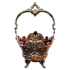 Continental Sterling Rococo Style Basket With Engraved Amethyst Glass Liner