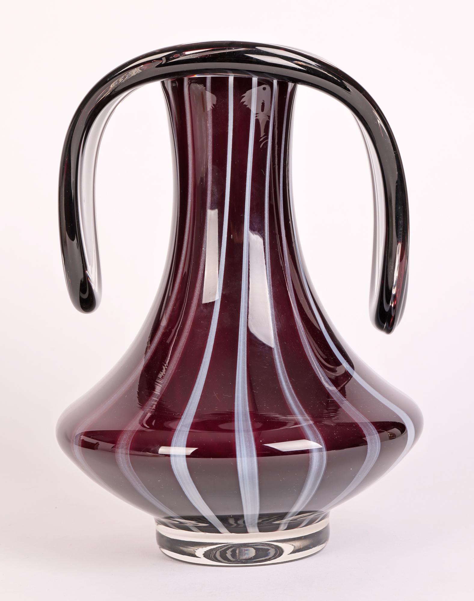 Hand-Crafted Continental Stylish Mid-Century Purple & White Art Glass Vase For Sale