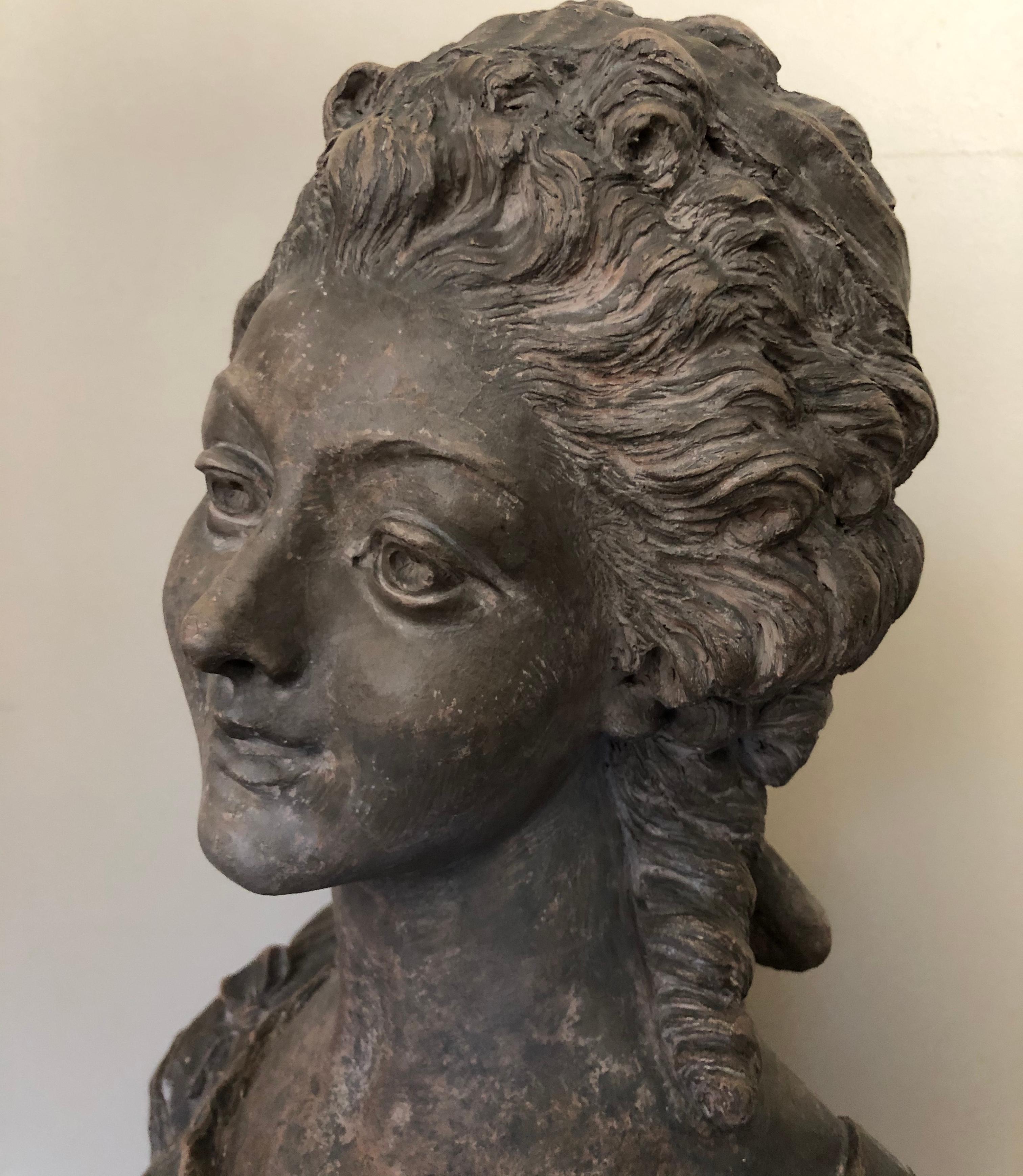 The sculpture is in excellent condition, possibly French circa 1900. There is a small chip on the pedestal base, but it is not noticeable and does not distract from the overall appeal.