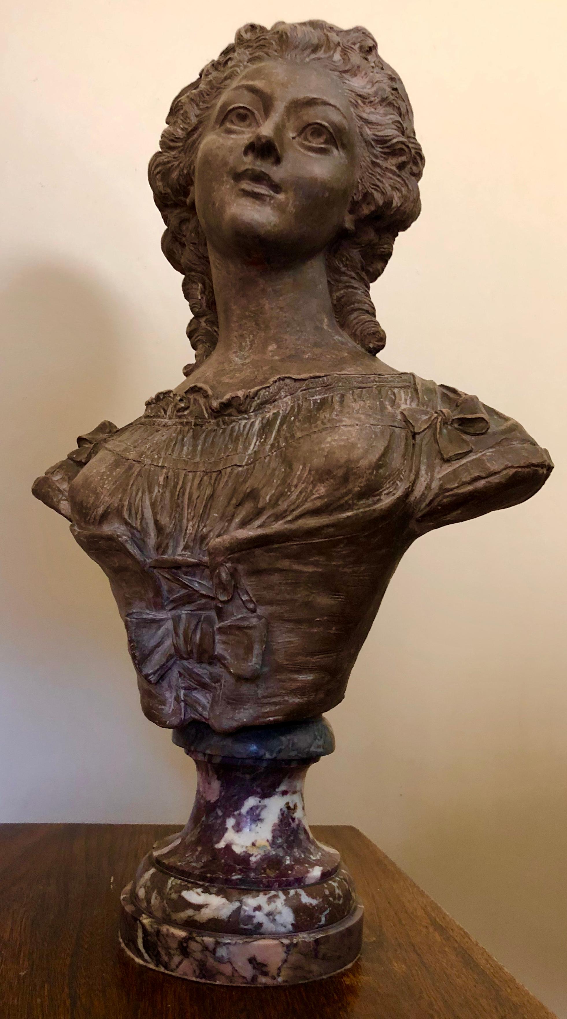 Continental Terracotta Bust of a Woman on Marble Base In Good Condition In Wiscasset, ME
