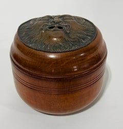 Continental Turned Wood String Jar With Copper Grotesque Mask Lid C. 1900