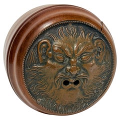 Continental Turned Wood String Jar With Copper Grotesque Mask Lid C. 1900