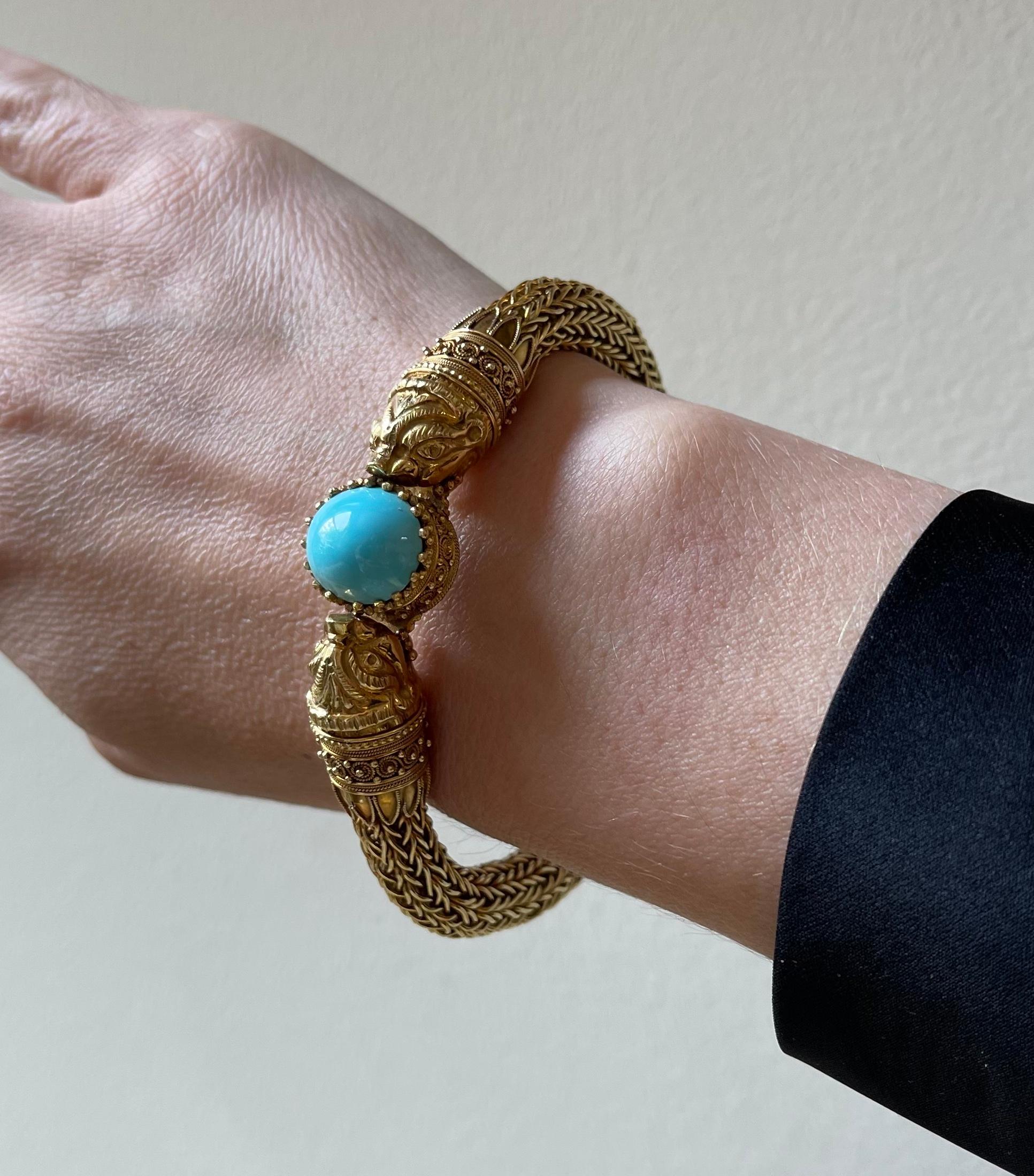 Cabochon Continental Turquoise Gold Chimera Bracelet For Sale