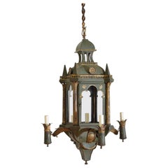 Antique Continental Venetian Inspired Painted 
Gilt Tole 5-Light Lantern, early 20thc