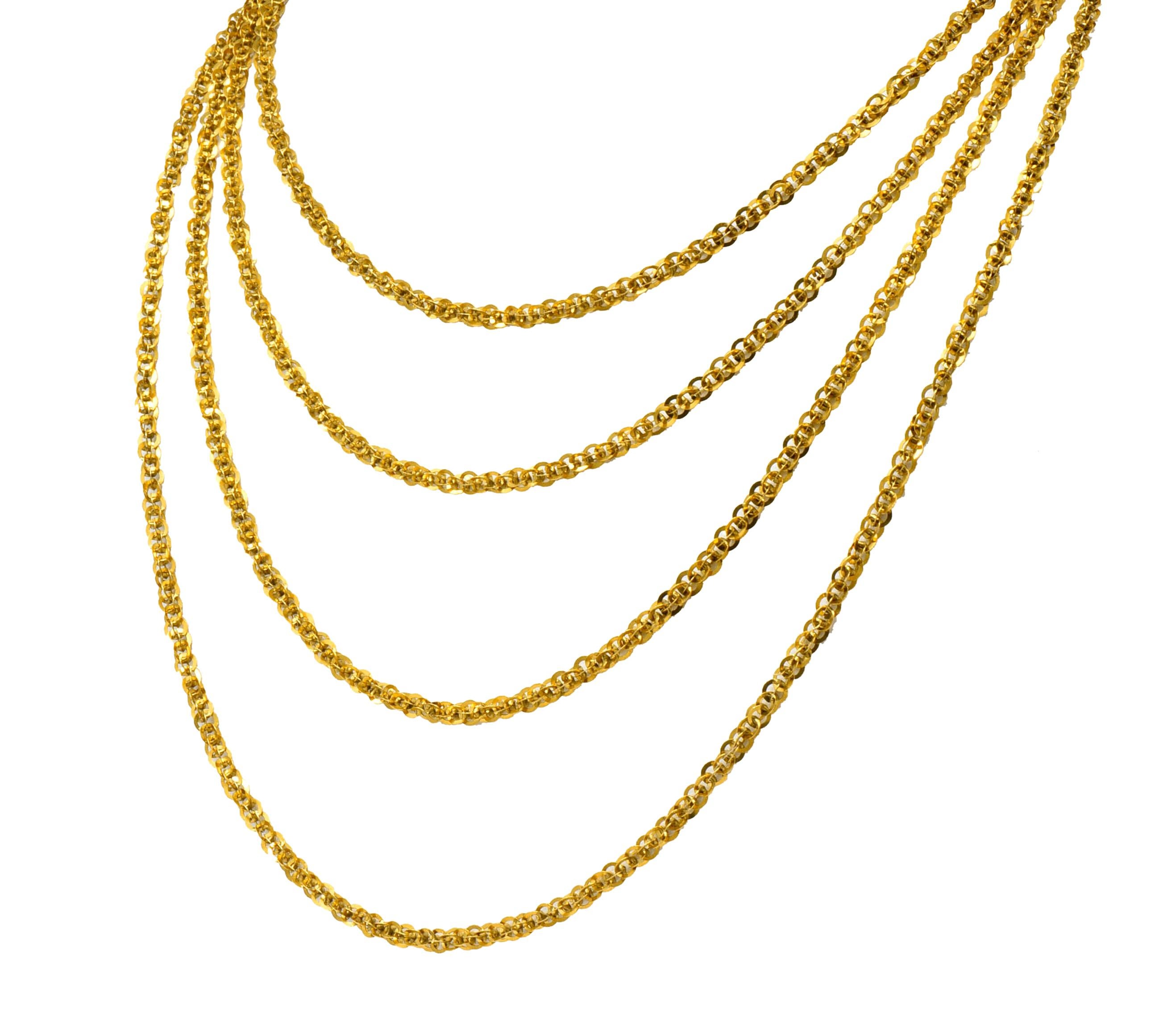 Featuring interlocking, conjoined, circled links

Marked with Continental hallmarks and tested as 19 karat gold

Circa 1900

Length: 88 inches

Width: 3.4 mm 

Total Weight: 37.4 grams

Elegant. Well-Crafted. Layering. 
 

Stock Number: We-3866