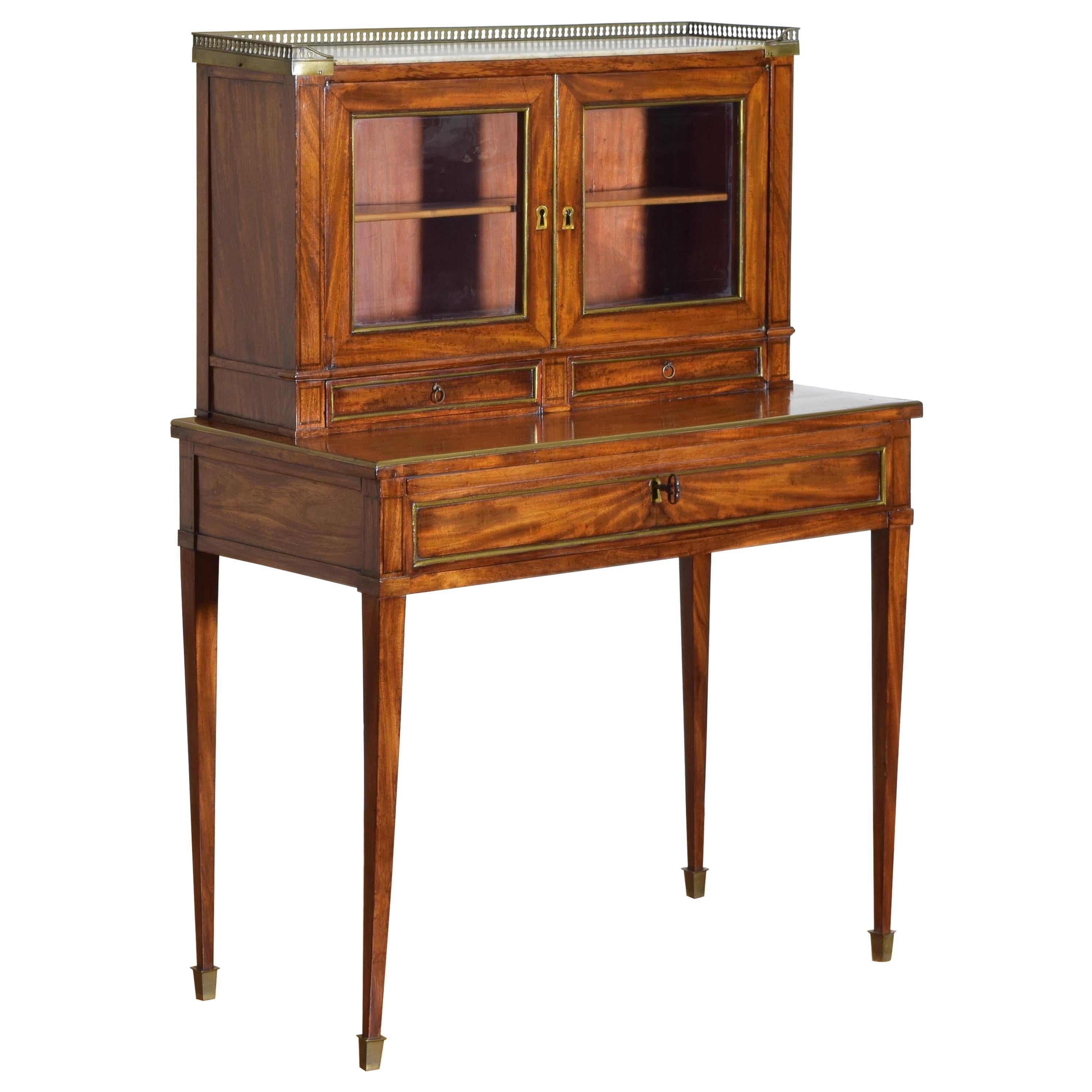 Continental Walnut, Marble Top, & Brass Mounted Neoclassical Low Cabinet