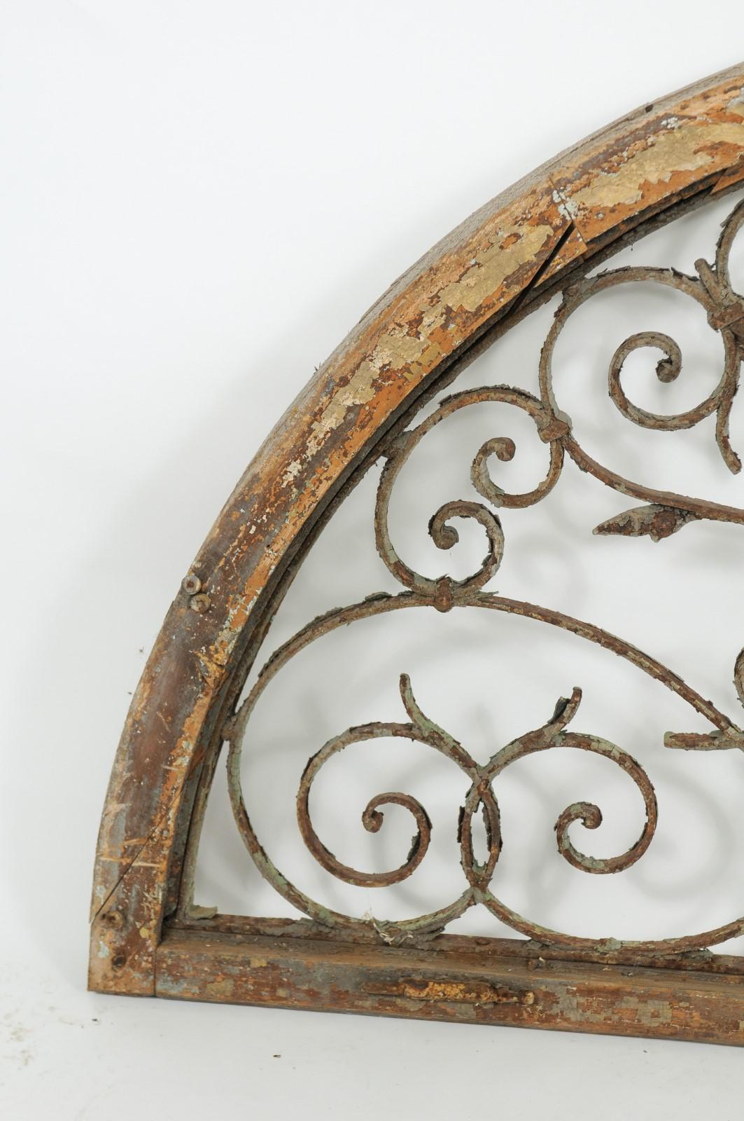 European Continental Wrought Iron and Pine Demi-Lune Architectural Wall Panel, circa 1900