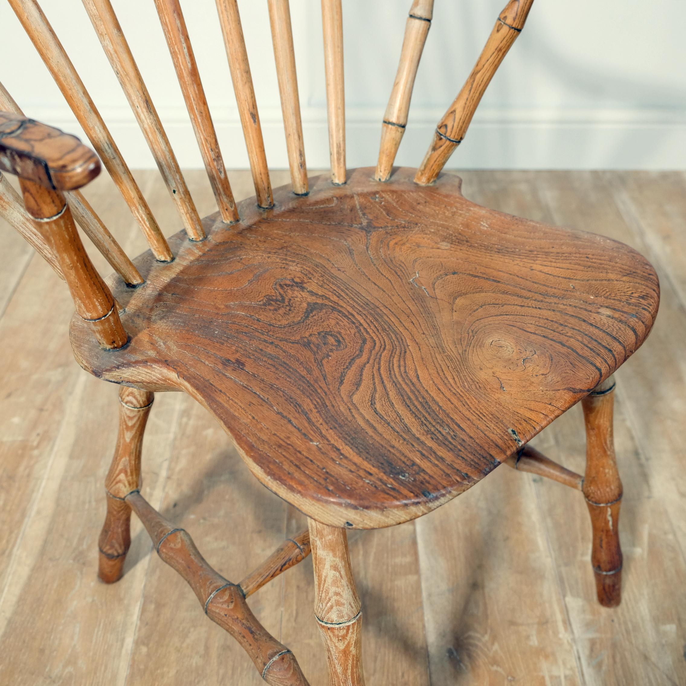 19th Century Continuous Arm Yealmpton Chair, English Windsor Armchair, Faux Bamboo, 1820s