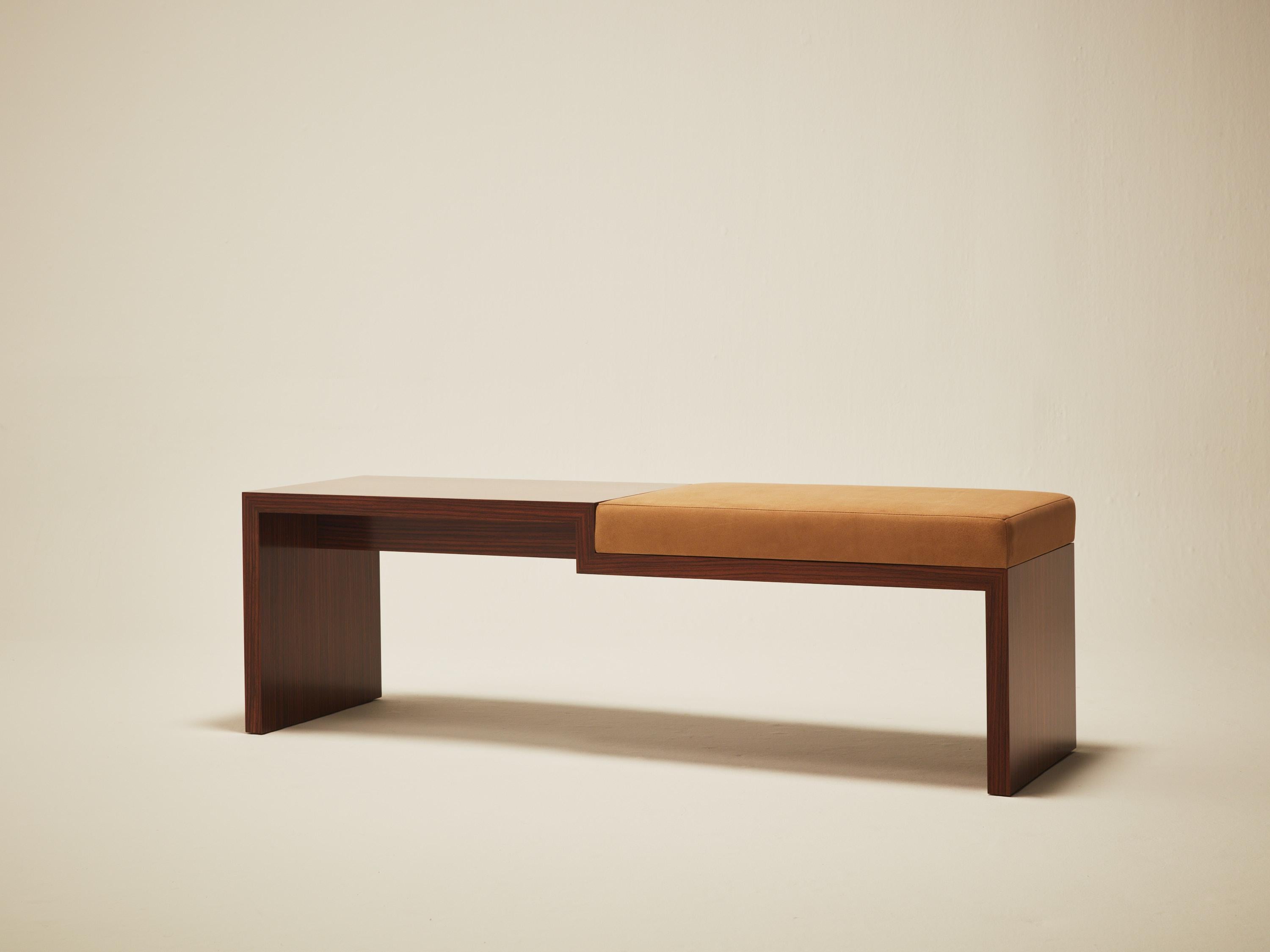 American Continuous Bench - Hand applied wood veneer & leather upholstery For Sale