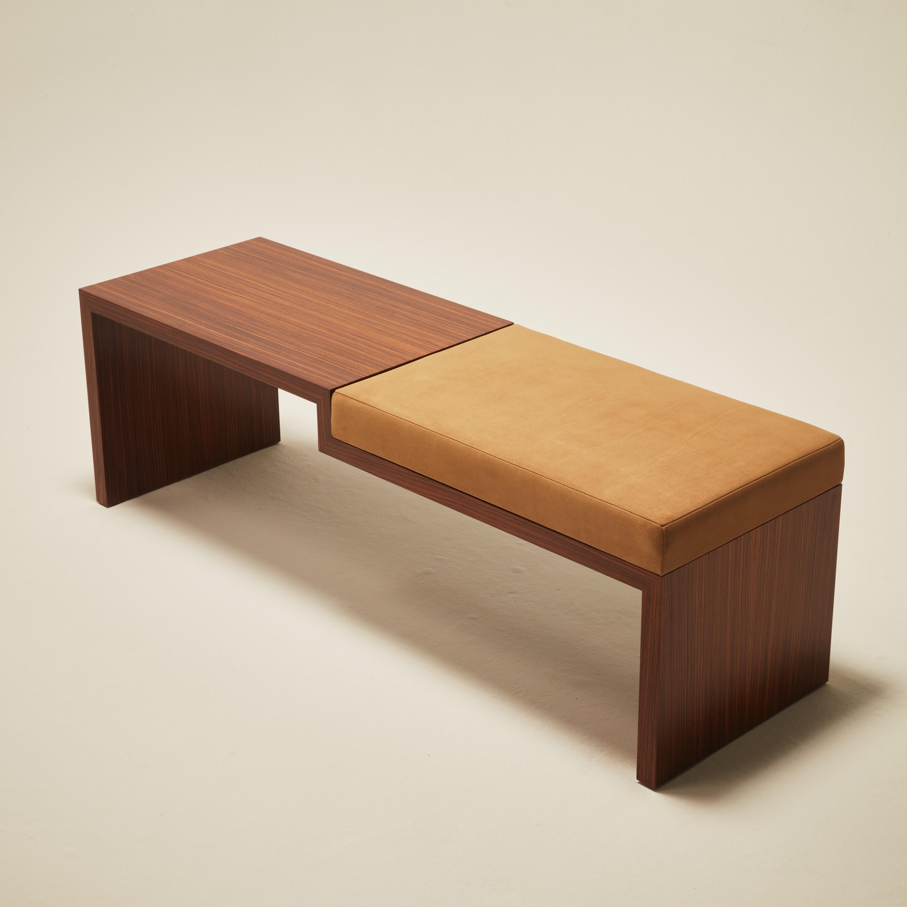 Veneer Continuous Bench - Hand applied wood veneer & leather upholstery For Sale