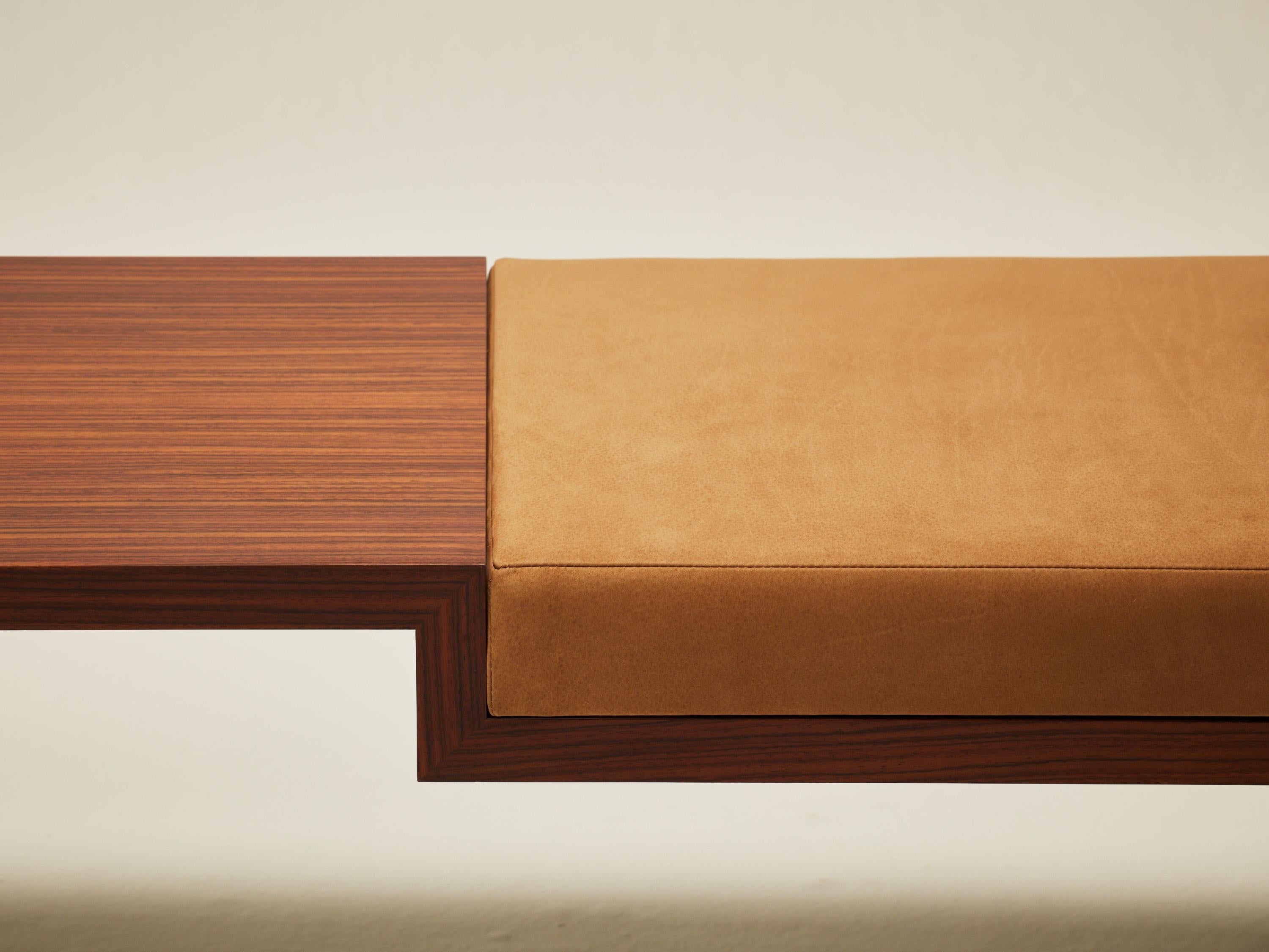 Contemporary Continuous Bench - Hand applied wood veneer & leather upholstery For Sale