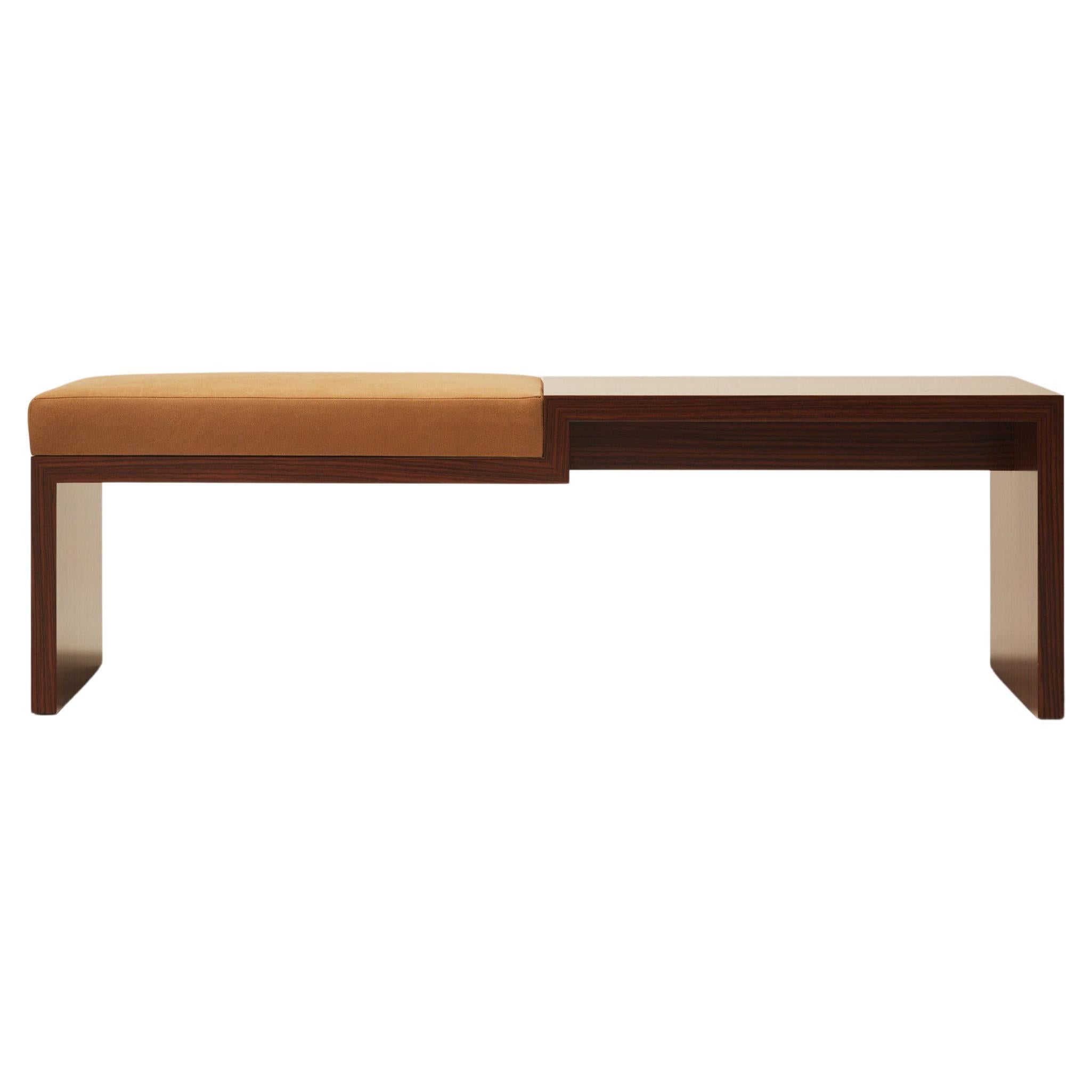 Continuous Bench - Hand applied wood veneer & leather upholstery For Sale