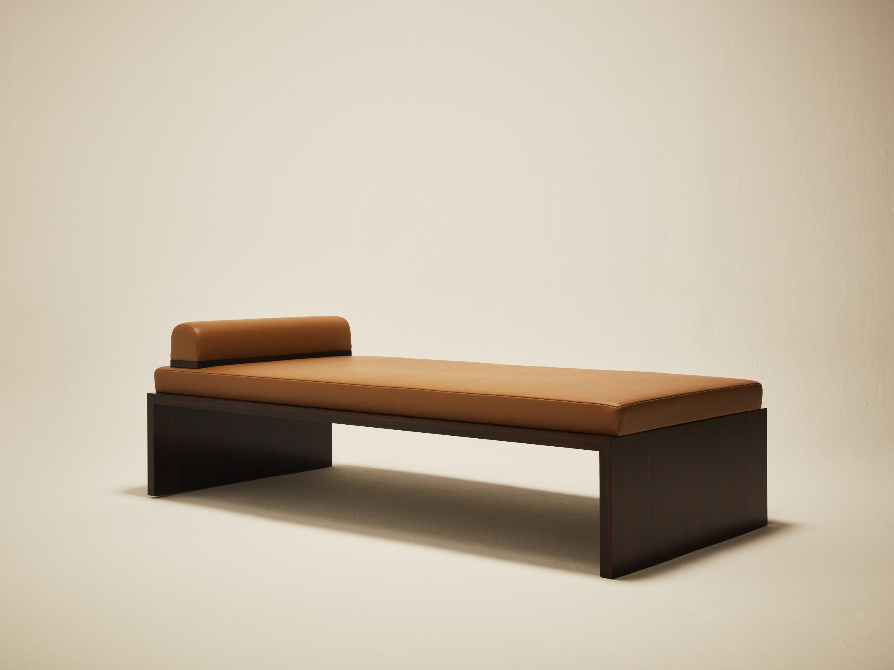 American Continuous Daybed - Hand applied wood veneer & leather upholstery For Sale
