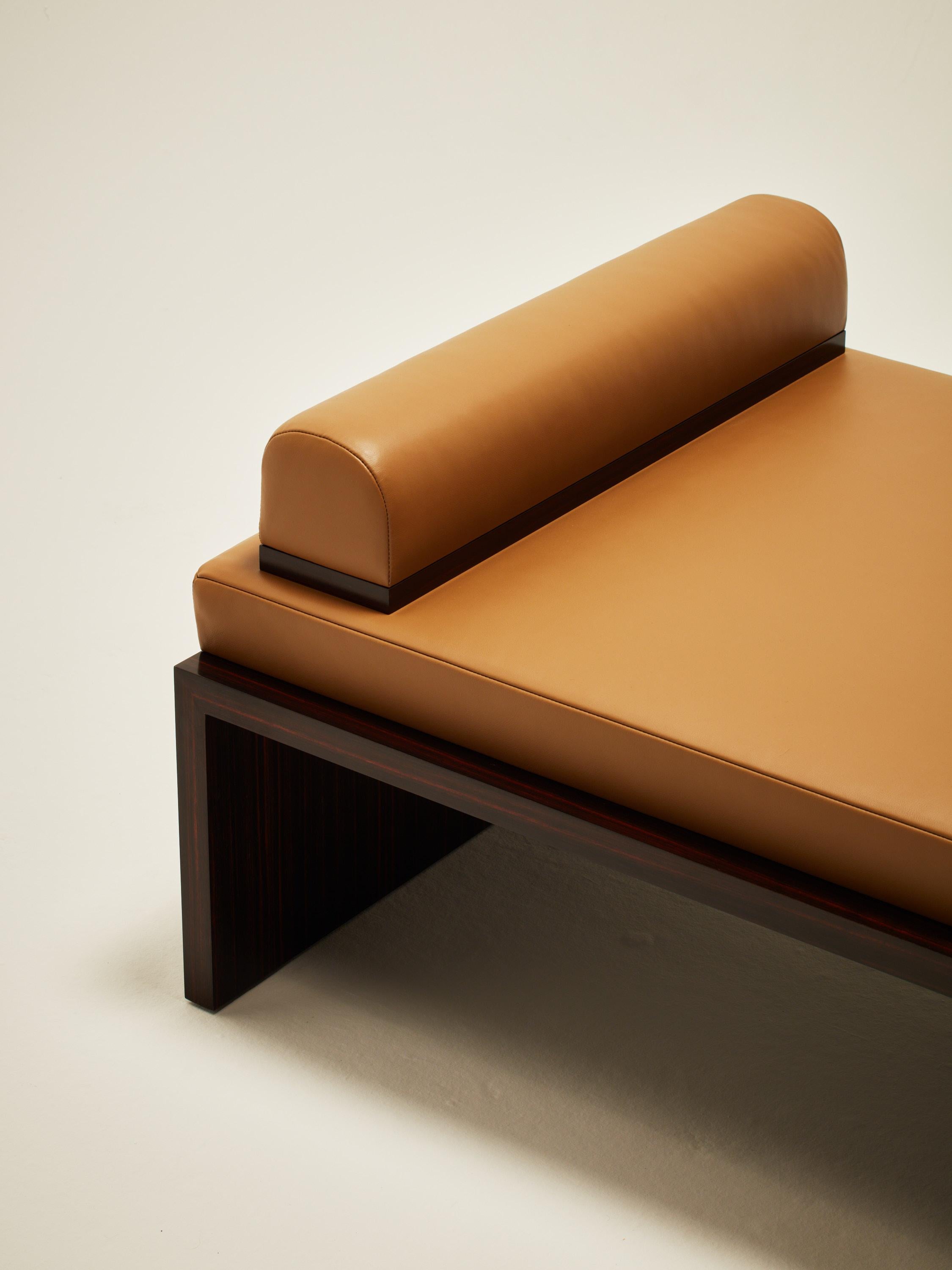 Veneer Continuous Daybed - Hand applied wood veneer & leather upholstery For Sale