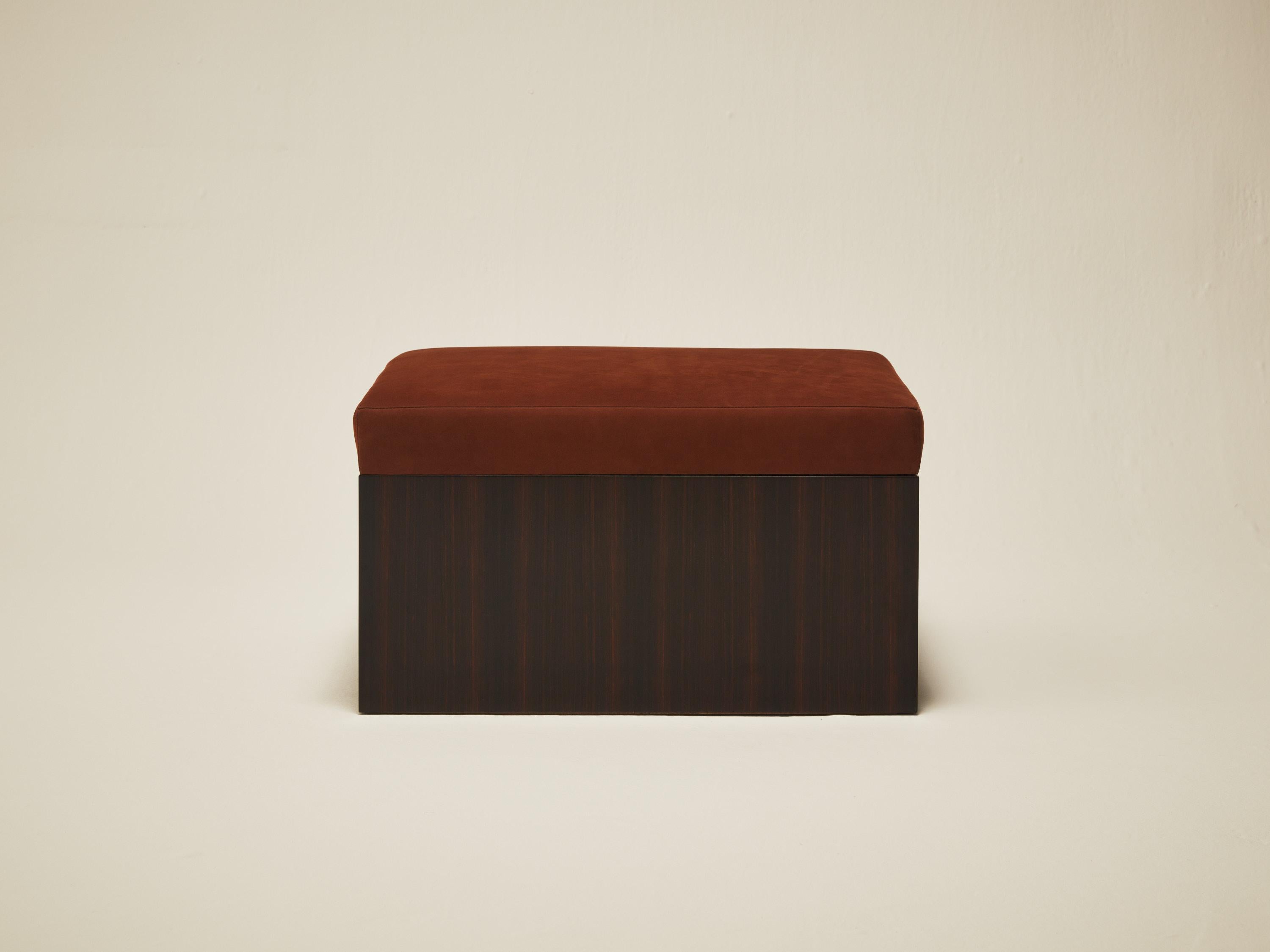 American Continuous Ottoman - Hand applied wood veneer & leather upholstery For Sale