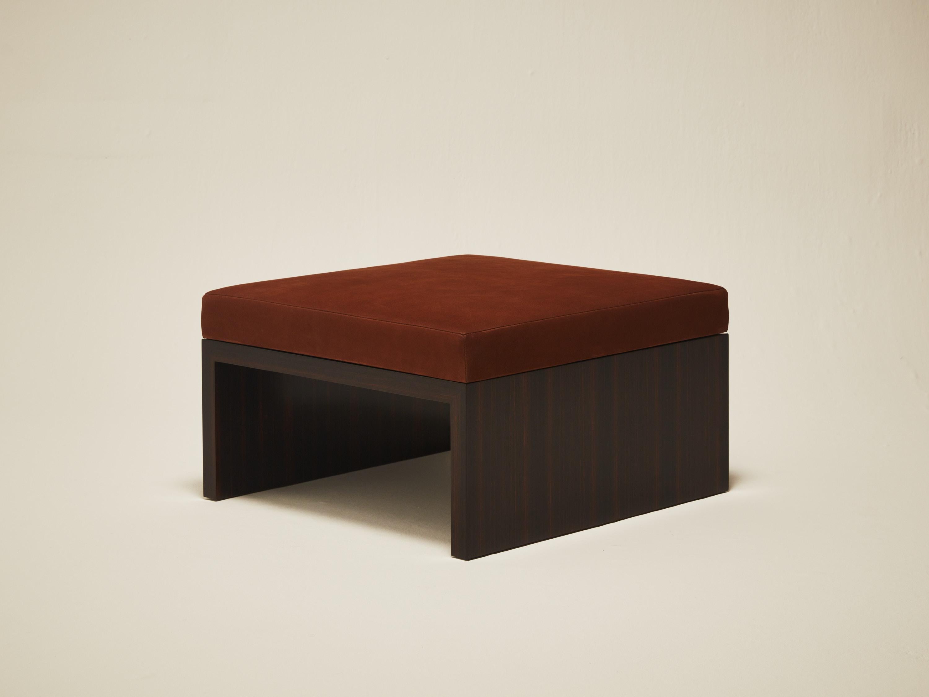 Veneer Continuous Ottoman - Hand applied wood veneer & leather upholstery For Sale