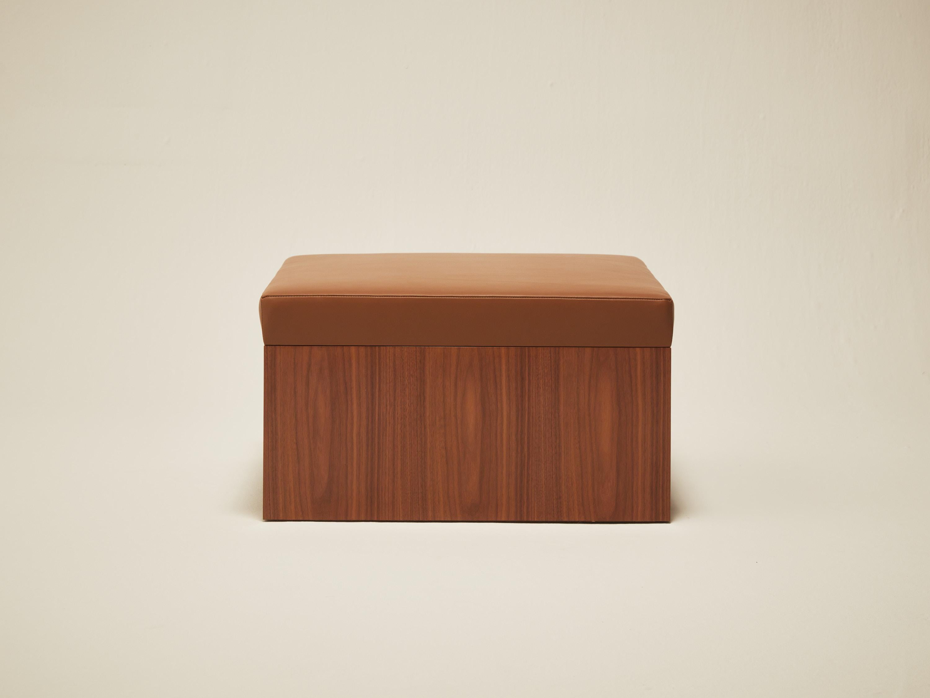 Hand-Crafted Continuous Ottoman - Hand applied wood veneer & leather upholstery For Sale