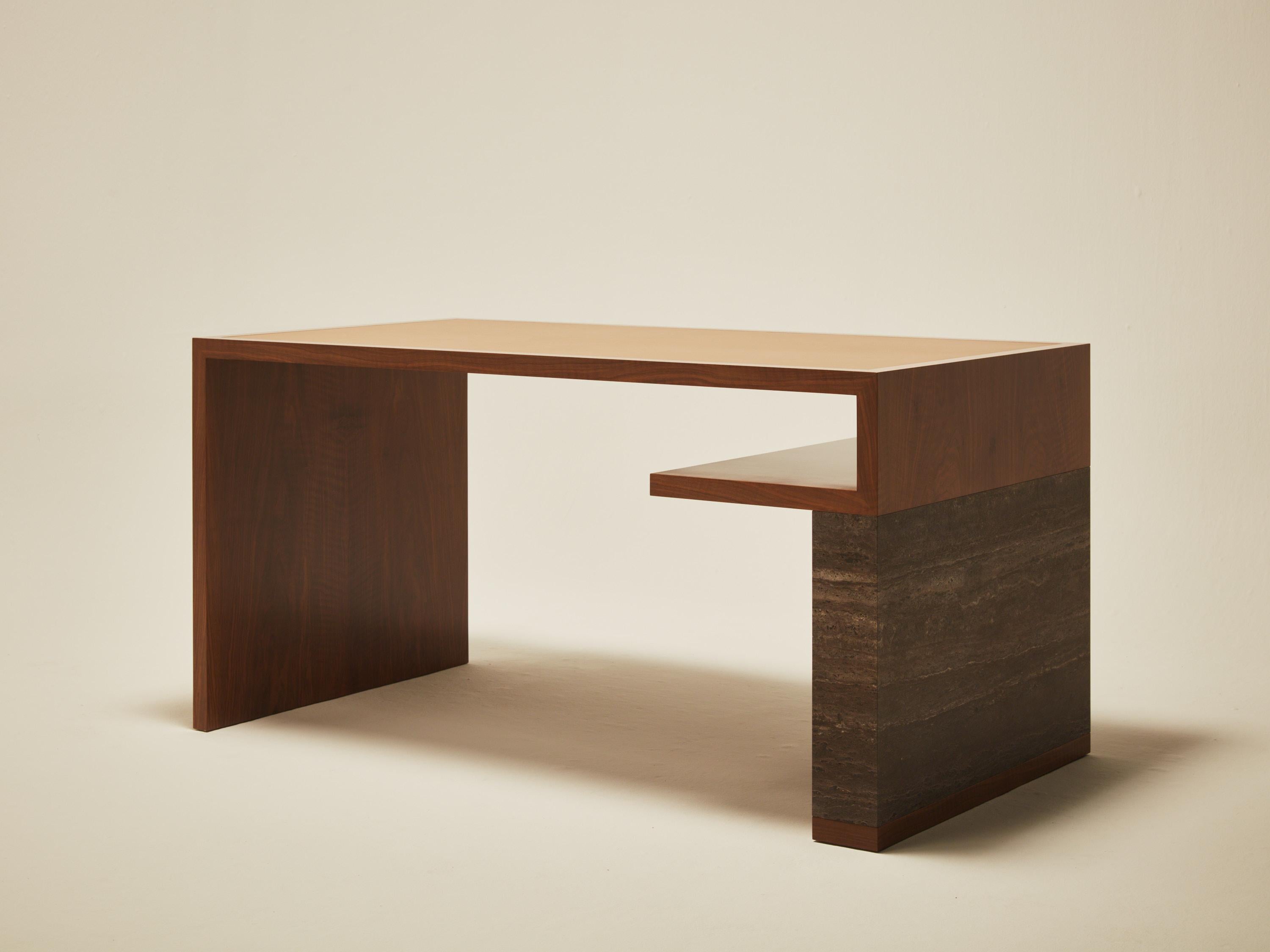 American Continuous Writing Table - Hand applied wood veneer, leather & travertine For Sale
