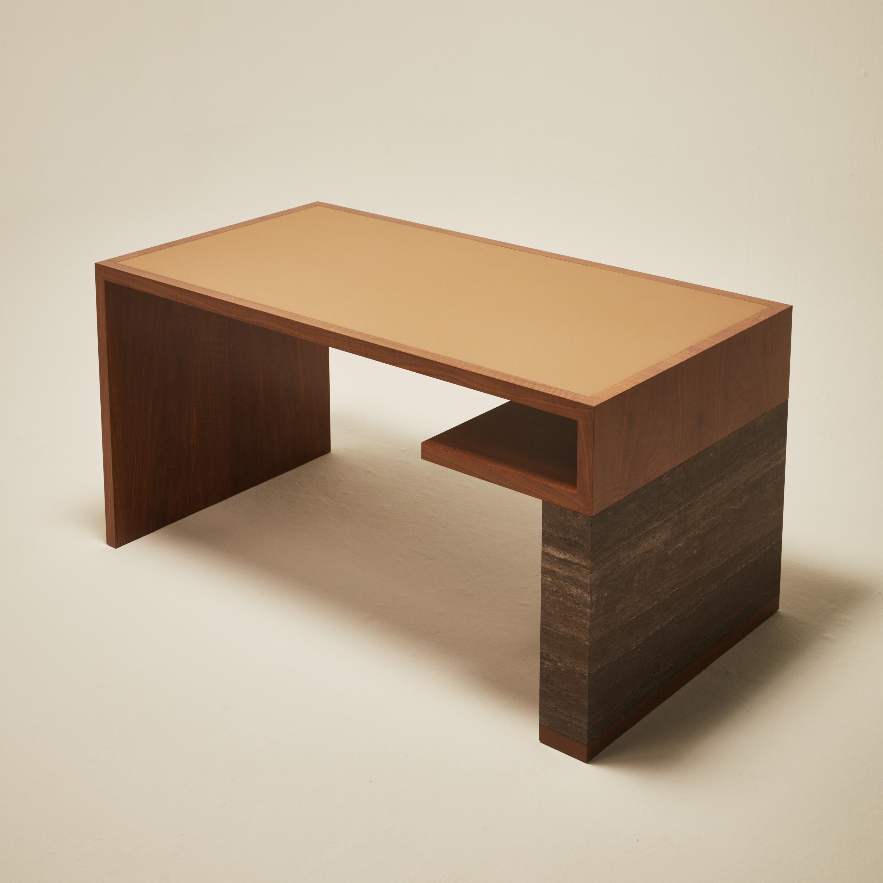 Veneer Continuous Writing Table - Hand applied wood veneer, leather & travertine For Sale