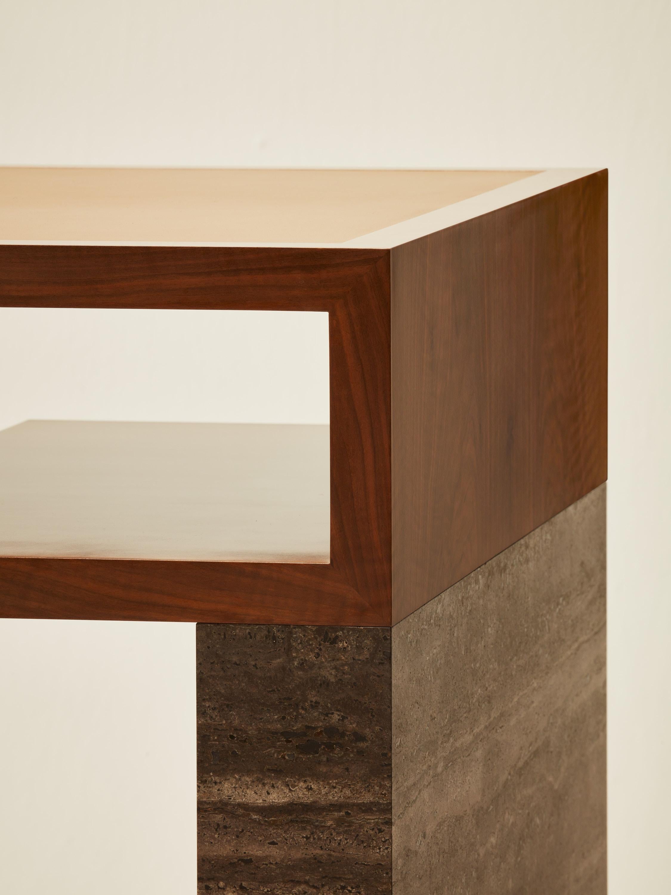 Leather Continuous Writing Table - Hand applied wood veneer, leather & travertine For Sale