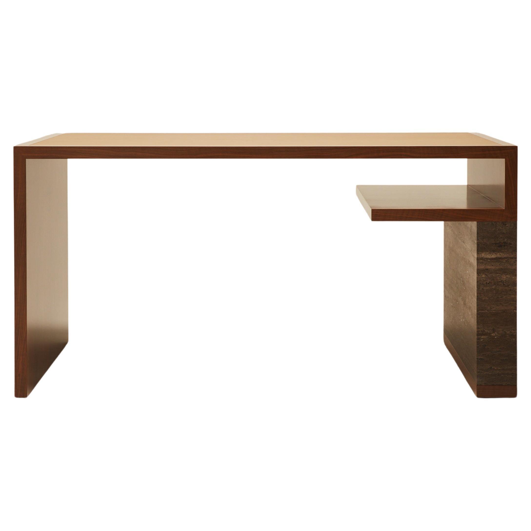 Continuous Writing Table - Hand applied wood veneer, leather & travertine For Sale