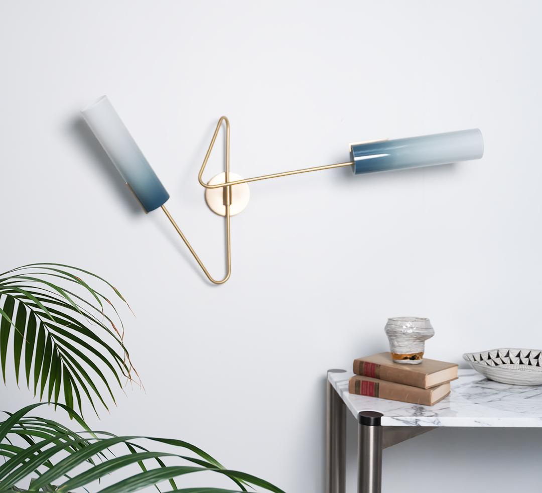 Oiled Continuum 03 Sconce: Satin Brass/Slate Ombre Glass Shade by Avram Rusu Studio For Sale