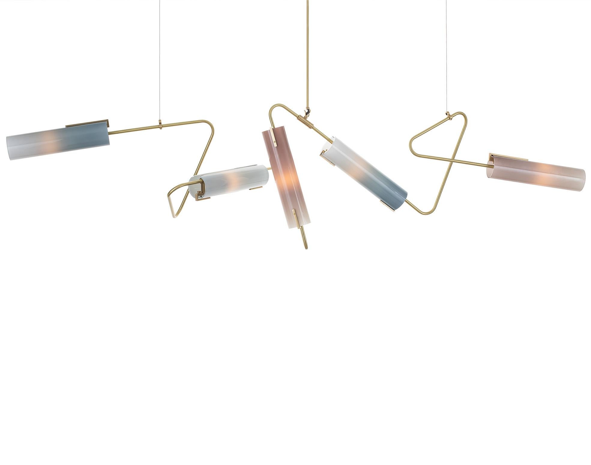 Brushed Continuum 127 Chandelier: Brass/Charcoal, Taupe Glass by Avram Rusu Studio For Sale