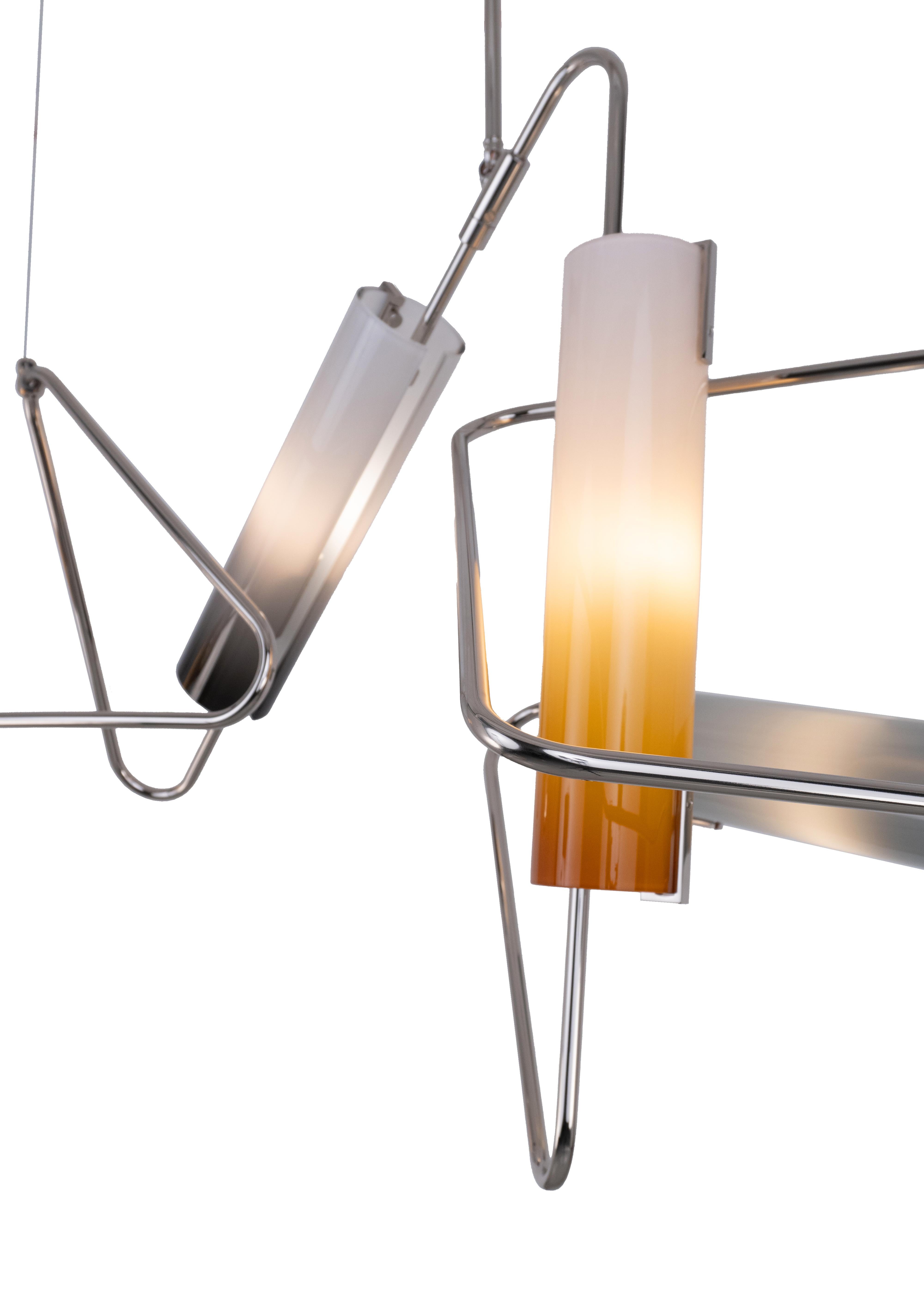 Polished Continuum 72 Chandelier: Dove, Orange, Grey, Charcoal Glass by Avram Rusu Studio For Sale
