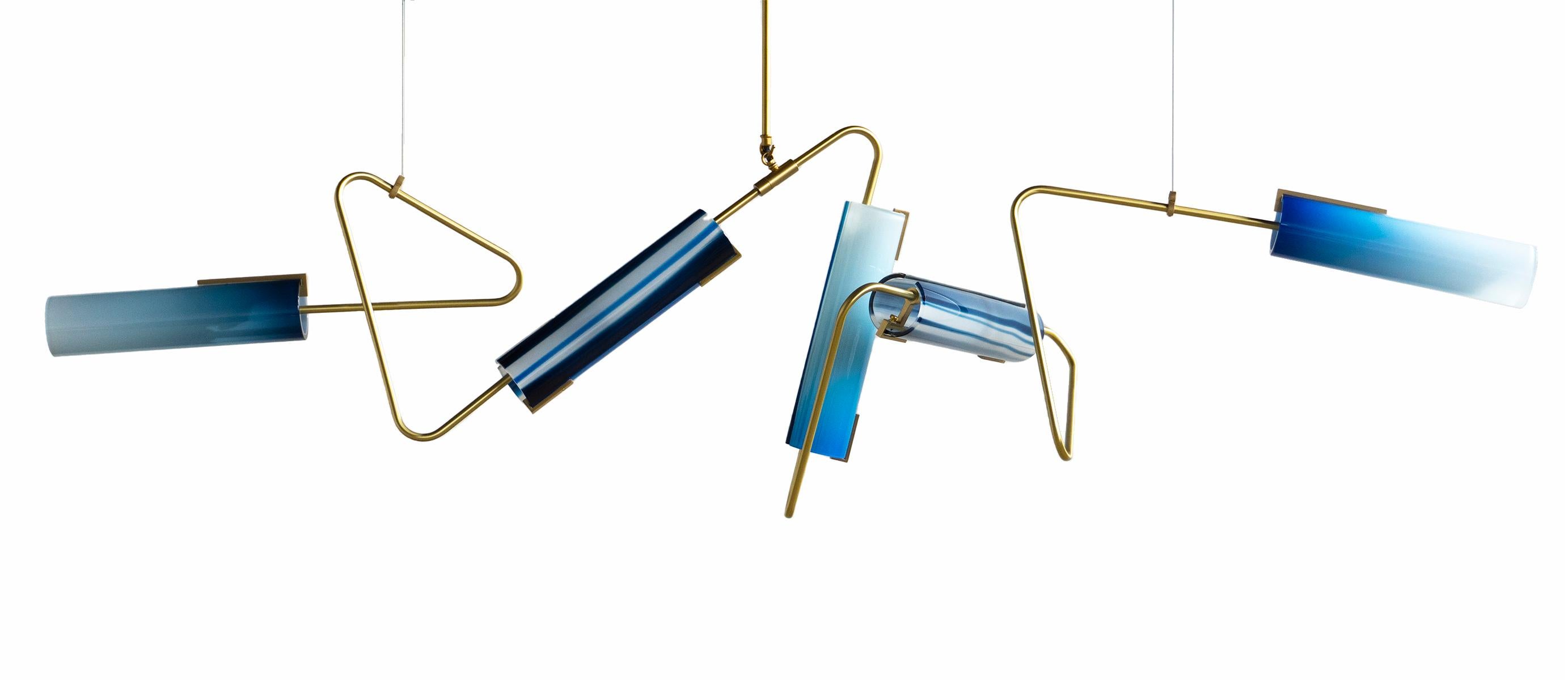 Modern Continuum 85 Chandelier: Brass/Ultramarine and Navy Glass by Avram Rusu Studio For Sale