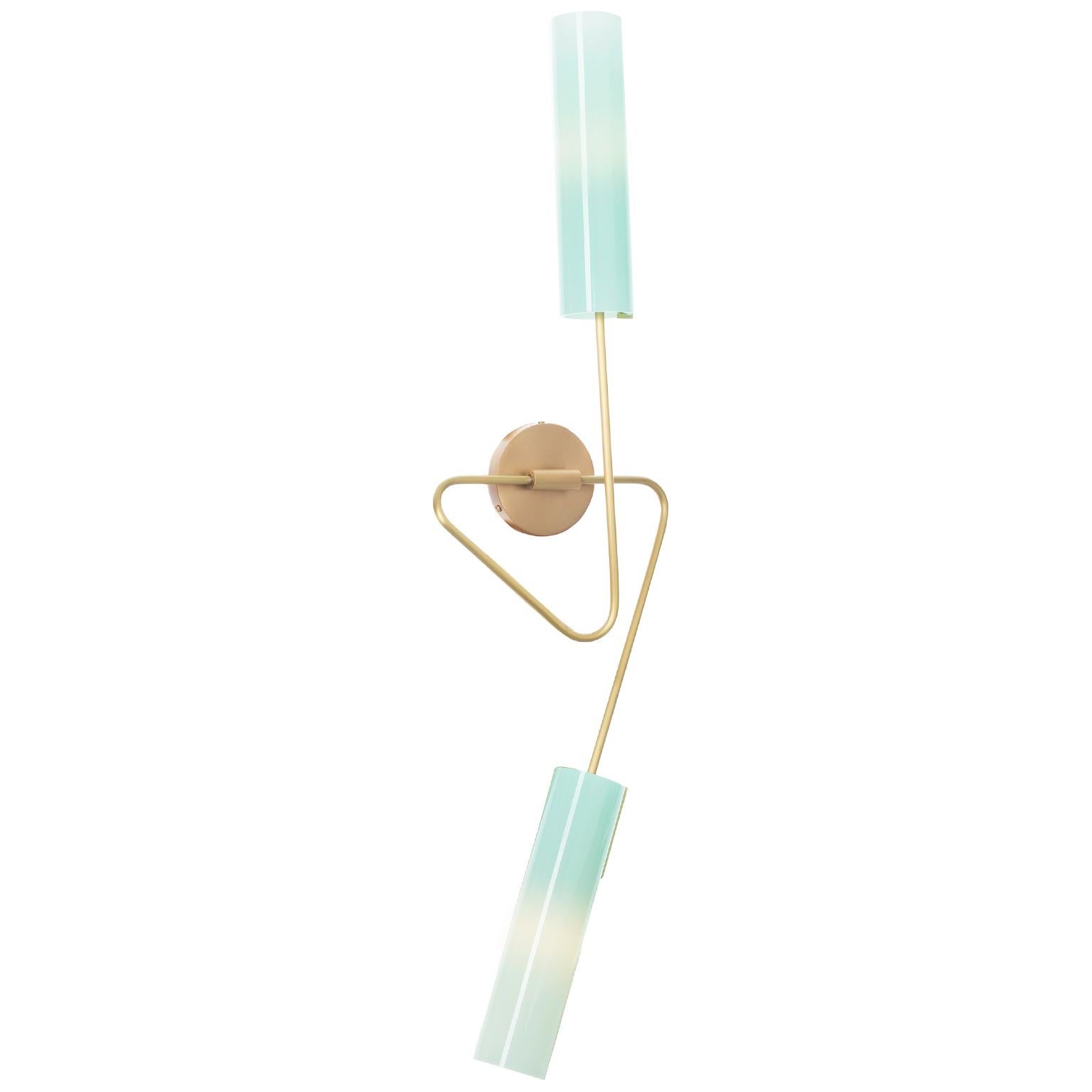 Modern Continuum 02 Sconce: Satin Brass/Aqua Glass Shades by Avram Rusu Studio For Sale