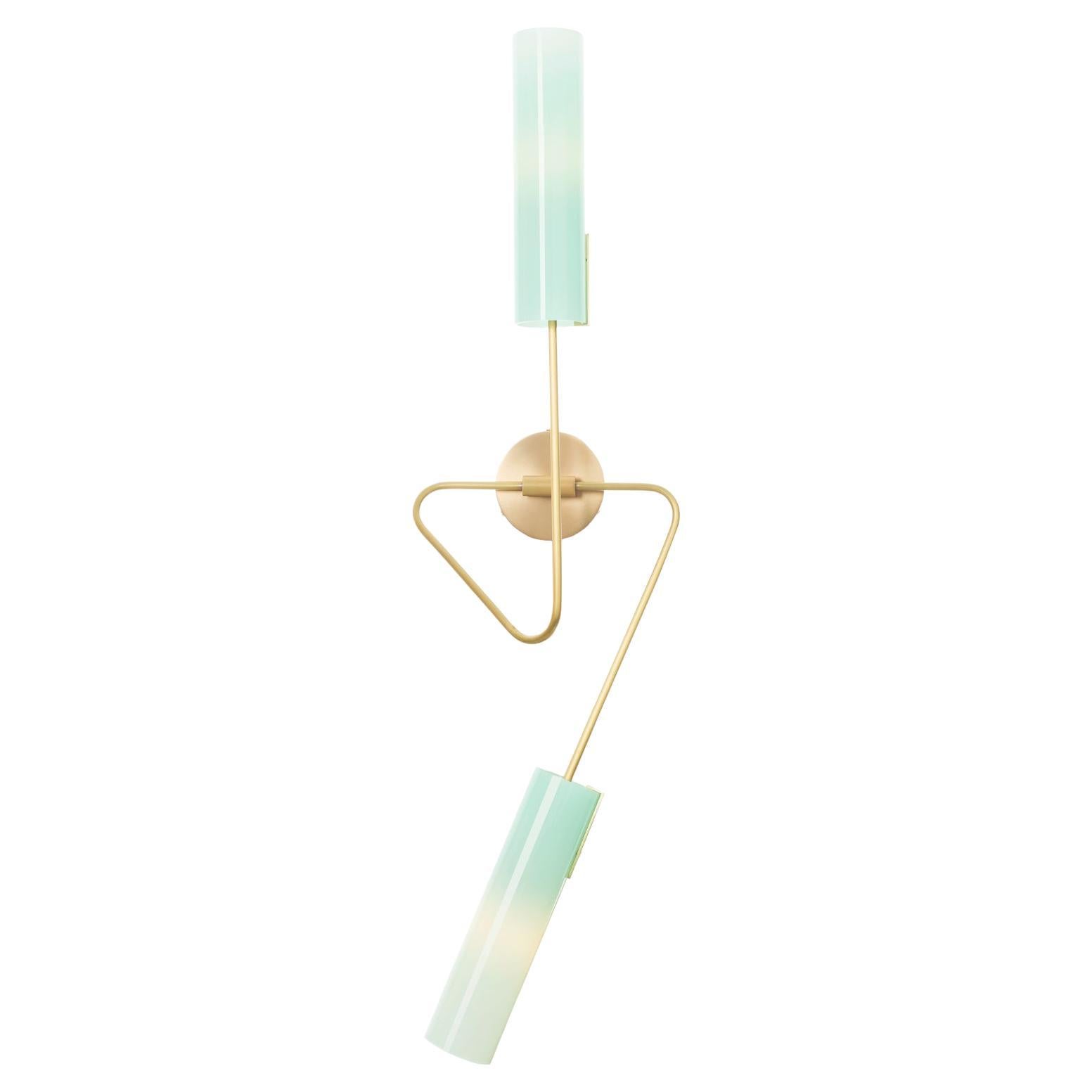 Continuum 02 Sconce: Satin Brass/Aqua Glass Shades by Avram Rusu Studio For Sale