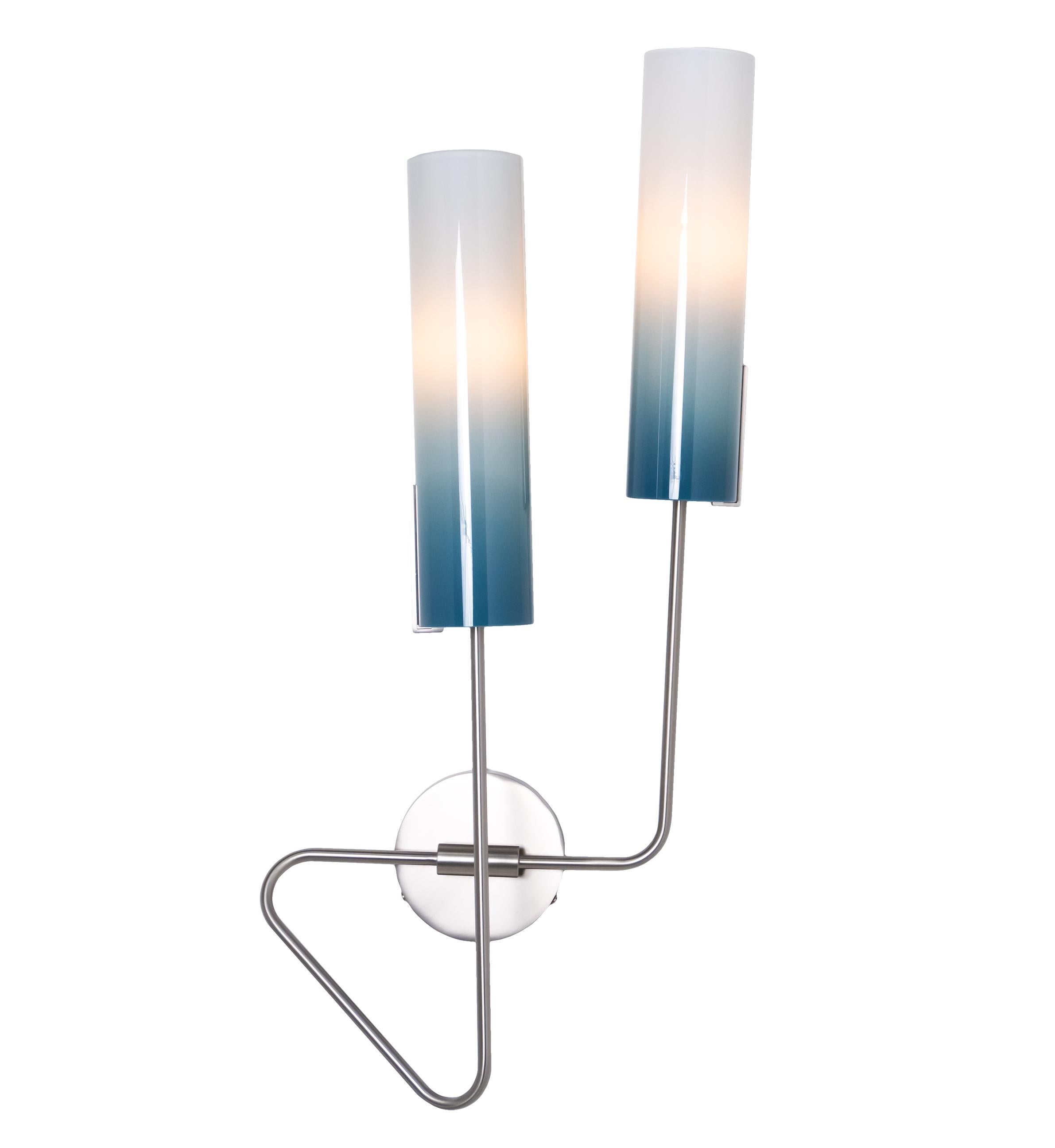 Continuum 01 Sconce: Satin Nickel/Pink Glass Shades by Avram Rusu Studio In New Condition For Sale In Brooklyn, NY