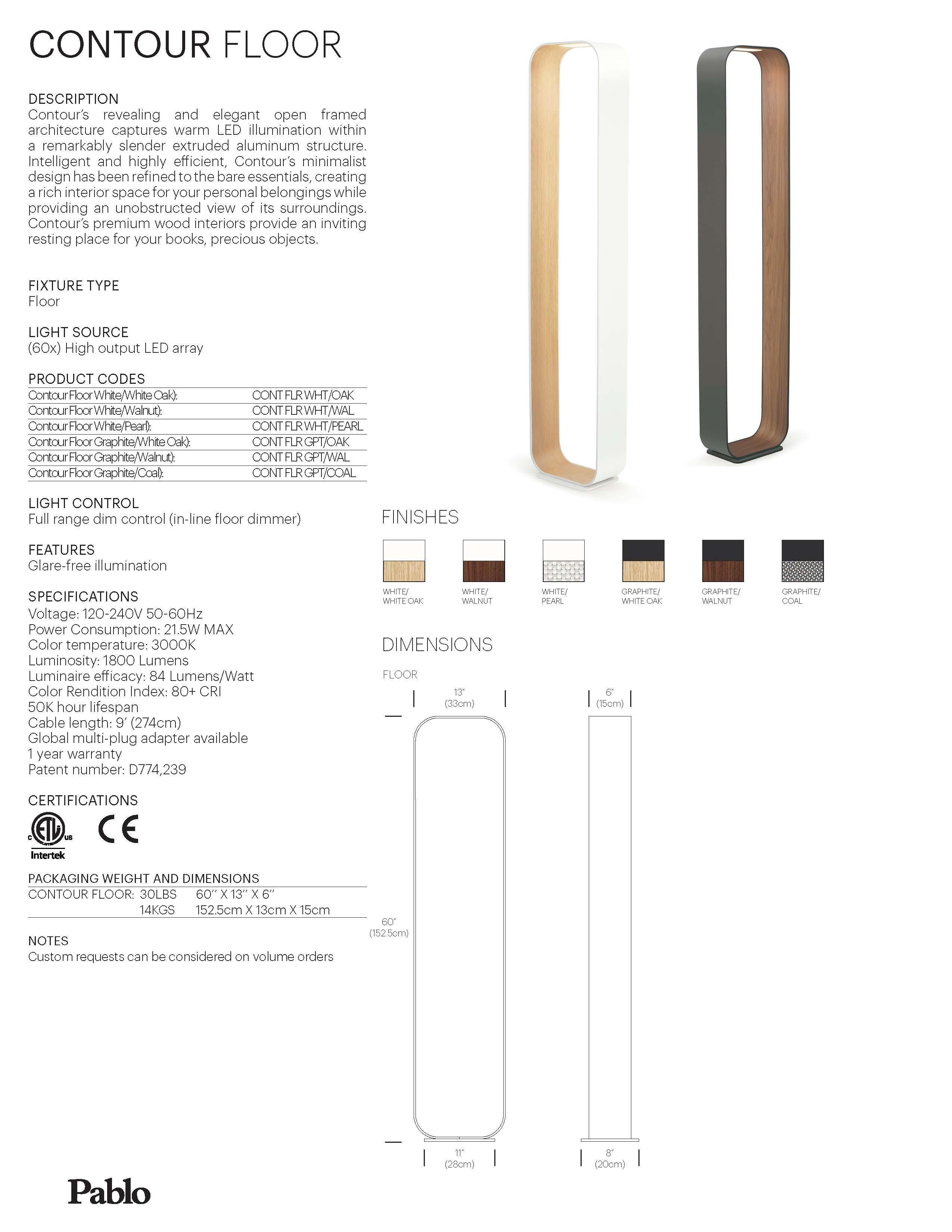 Contemporary Contour Floor Lamp in Graphite & White Oak by Pablo Designs For Sale