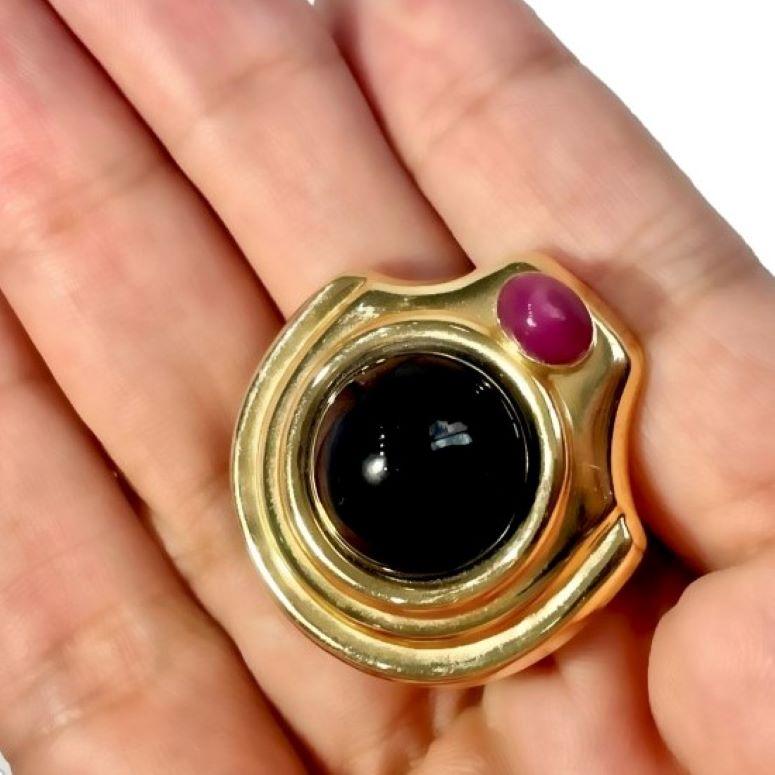 14K Yellow Gold Contoured Earrings with Onyx and Rubies 1