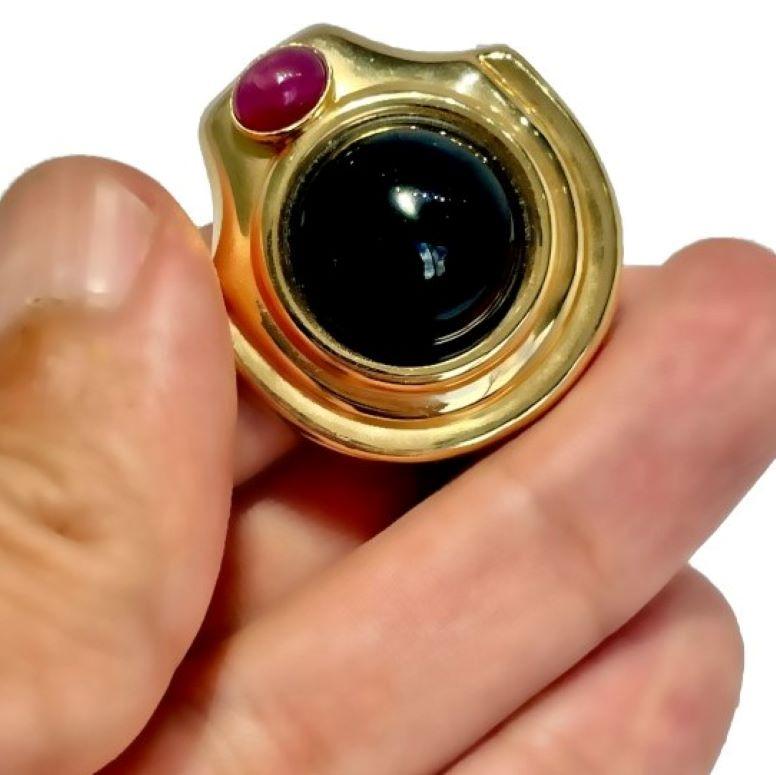 14K Yellow Gold Contoured Earrings with Onyx and Rubies 2