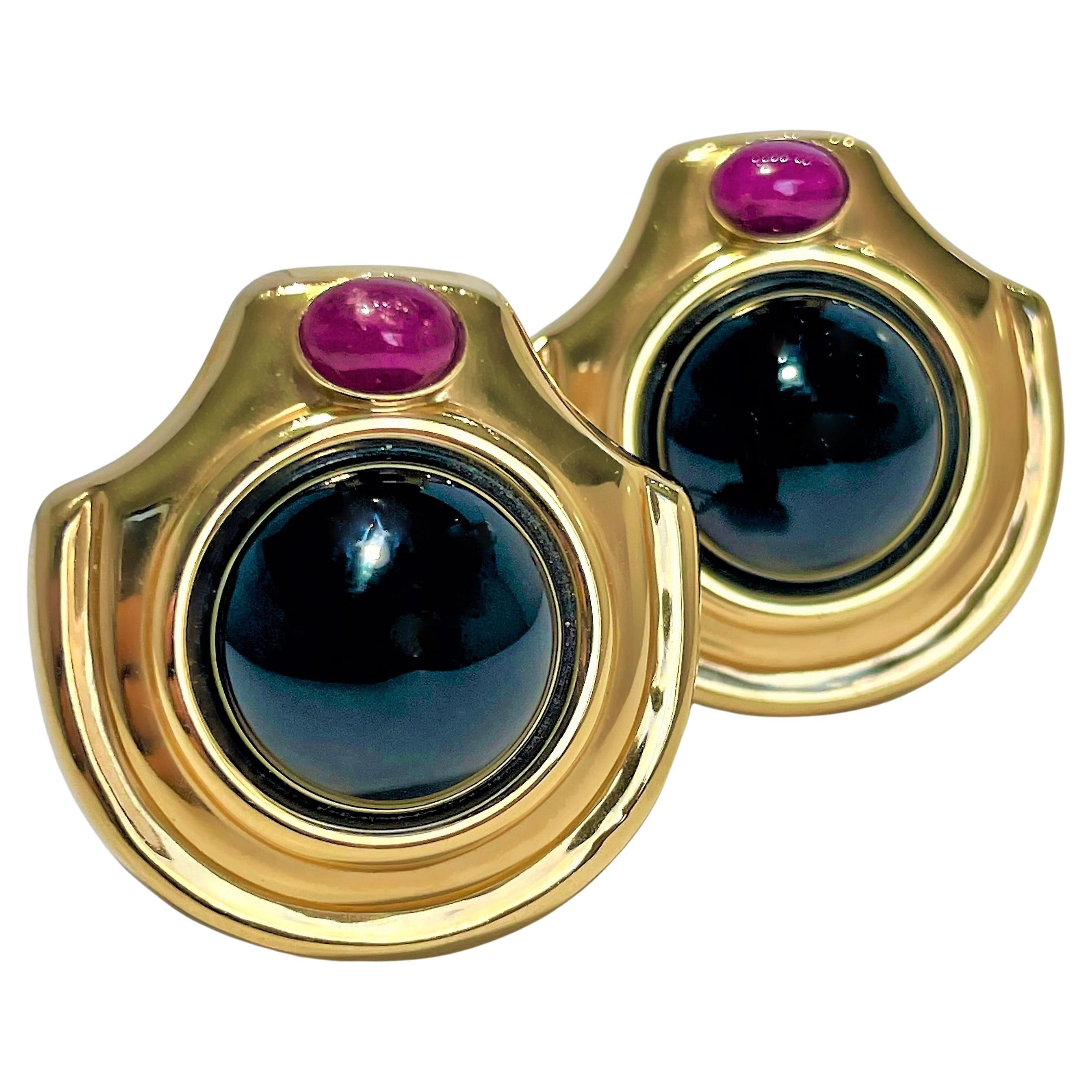 Contoured Gold Earrings with Onyx Rubies 