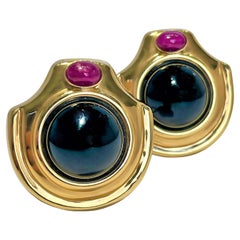 Vintage Contoured Gold Earrings with Onyx Rubies 