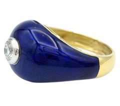 Contoured Wide Blue Enamel Band Ring with Bezel Set Diamond in 18 Karat Gold