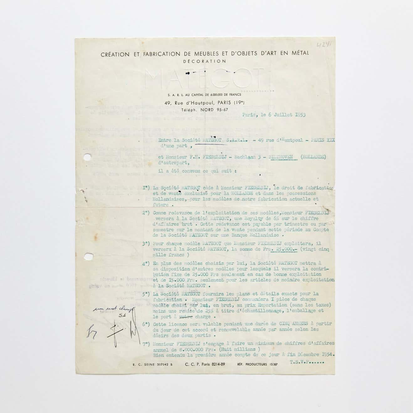 Contract between Matheiu Matégot and Artimeta International for the production in Holland of different pieces by Matheiu Matégot.

Measures: 21 x 27 cm each page.

In good original condition, with wear consistent with age and use, preserving a