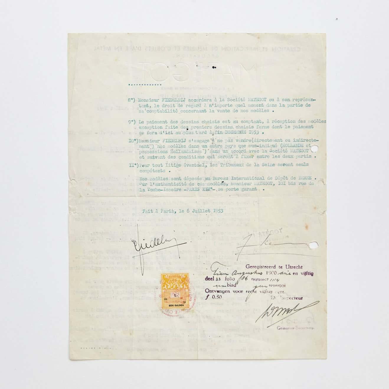 Contract of Mathieu Matégot & Artimeta, 1953 In Good Condition For Sale In Barcelona, Barcelona